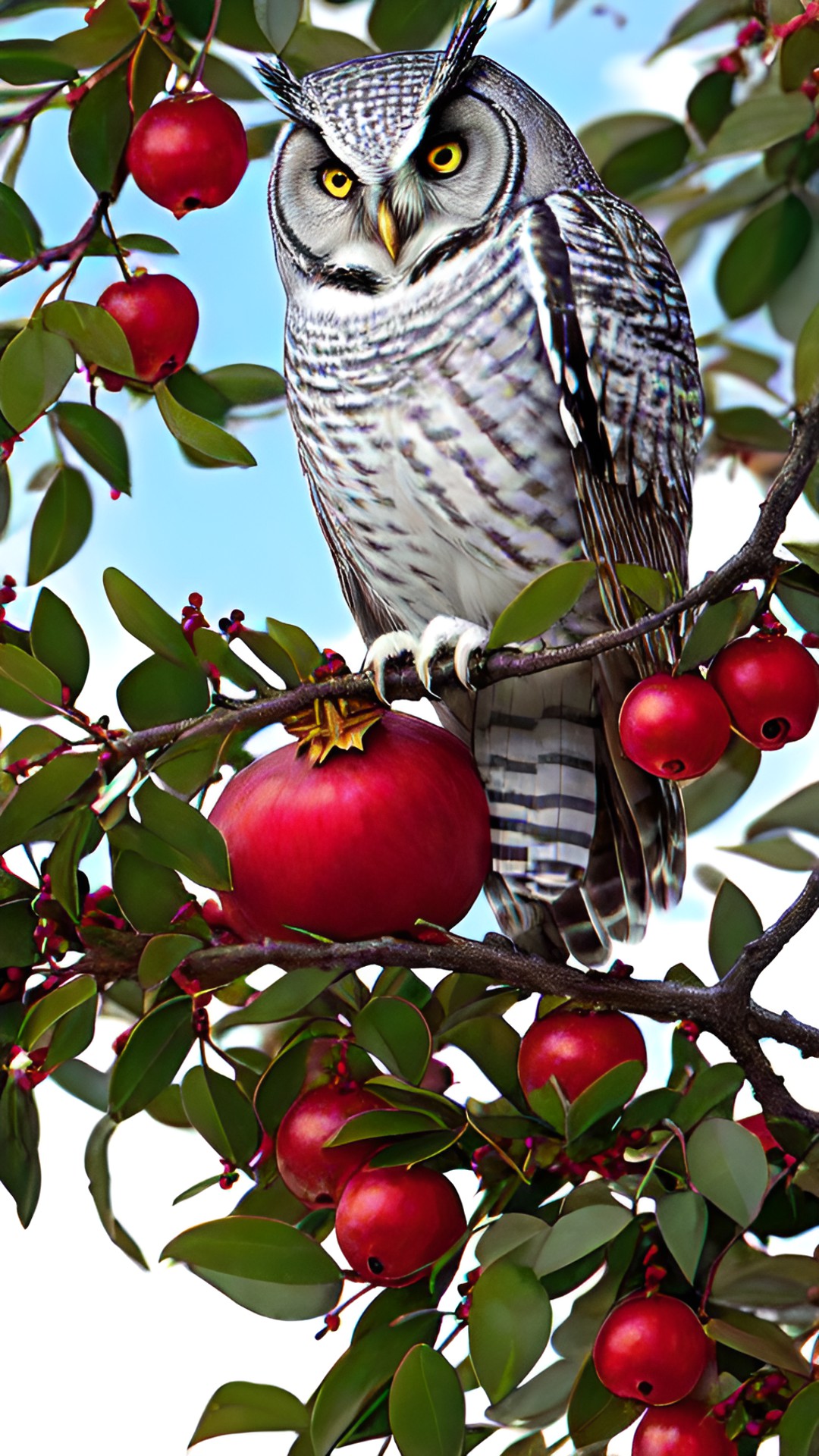 silver owl on a pomegranate tree preview