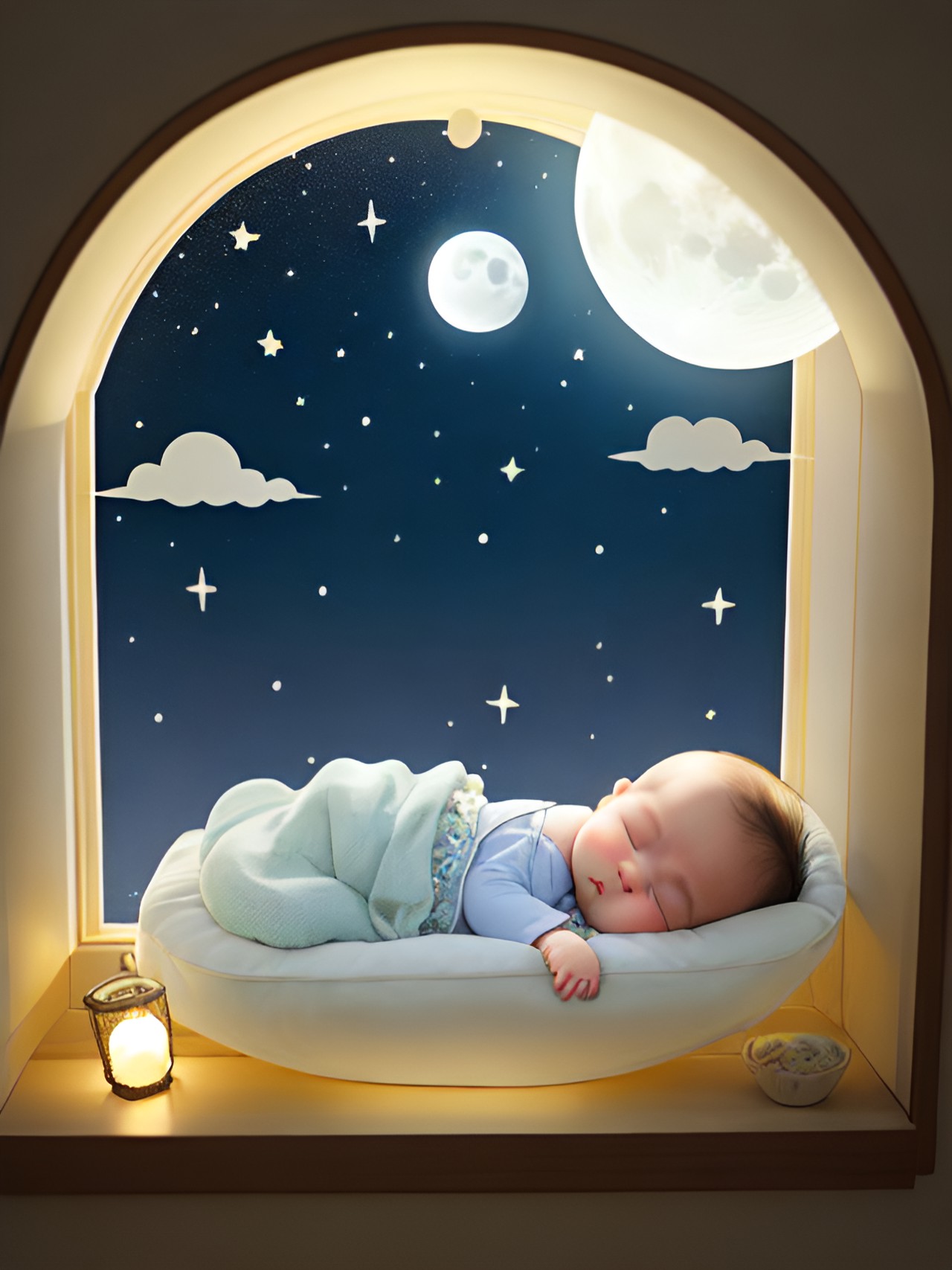 moon light streaming in a window on a sleeping baby - moonlight softly illuminates a sleeping baby through a window, creating a serene and peaceful scene. the baby is nestled in a cozy crib, bathed in preview