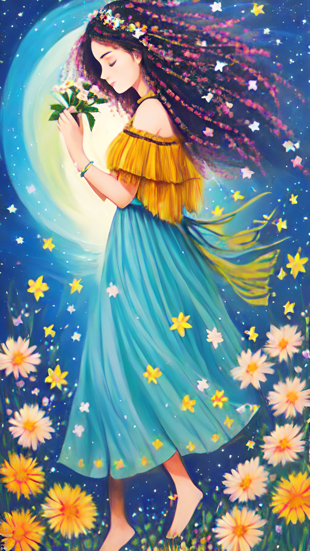 wild wandering woman with flowers in her hair and stars beneath her feet preview