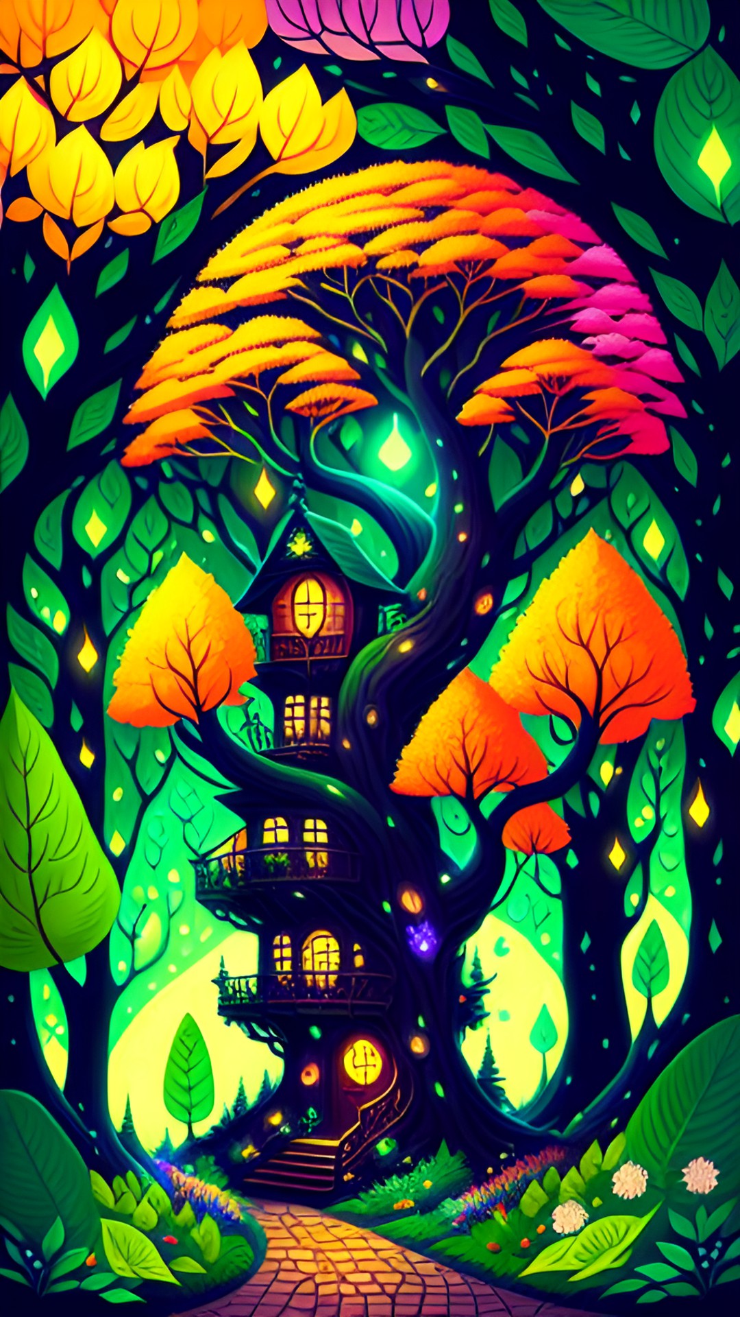 elvish tree house admits the woods with lit pathway and flowers everywhere  - an enchanting elvish tree house nestled amidst the lush green woods, with a softly glowing pathway leading up to it. preview