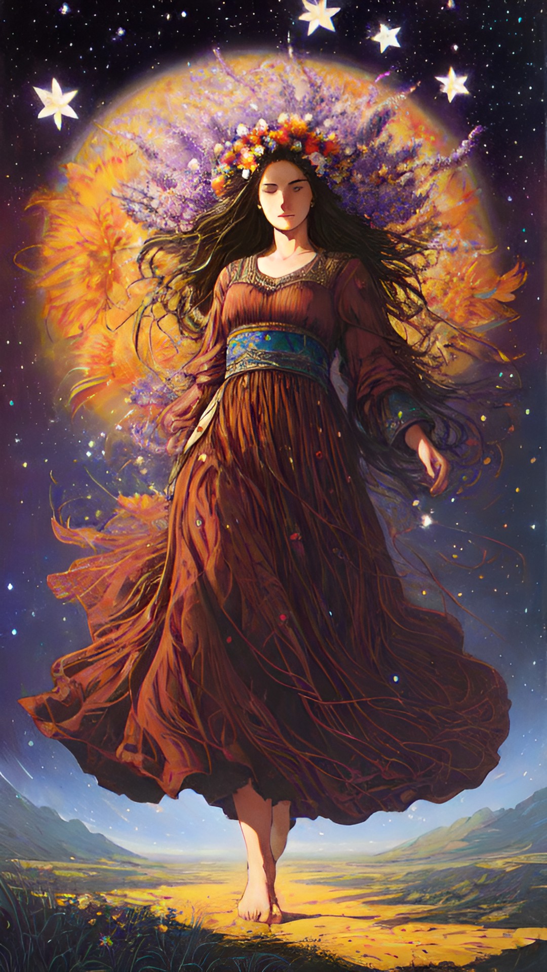 wild wandering woman with flowers in her hair and stars beneath her feet preview