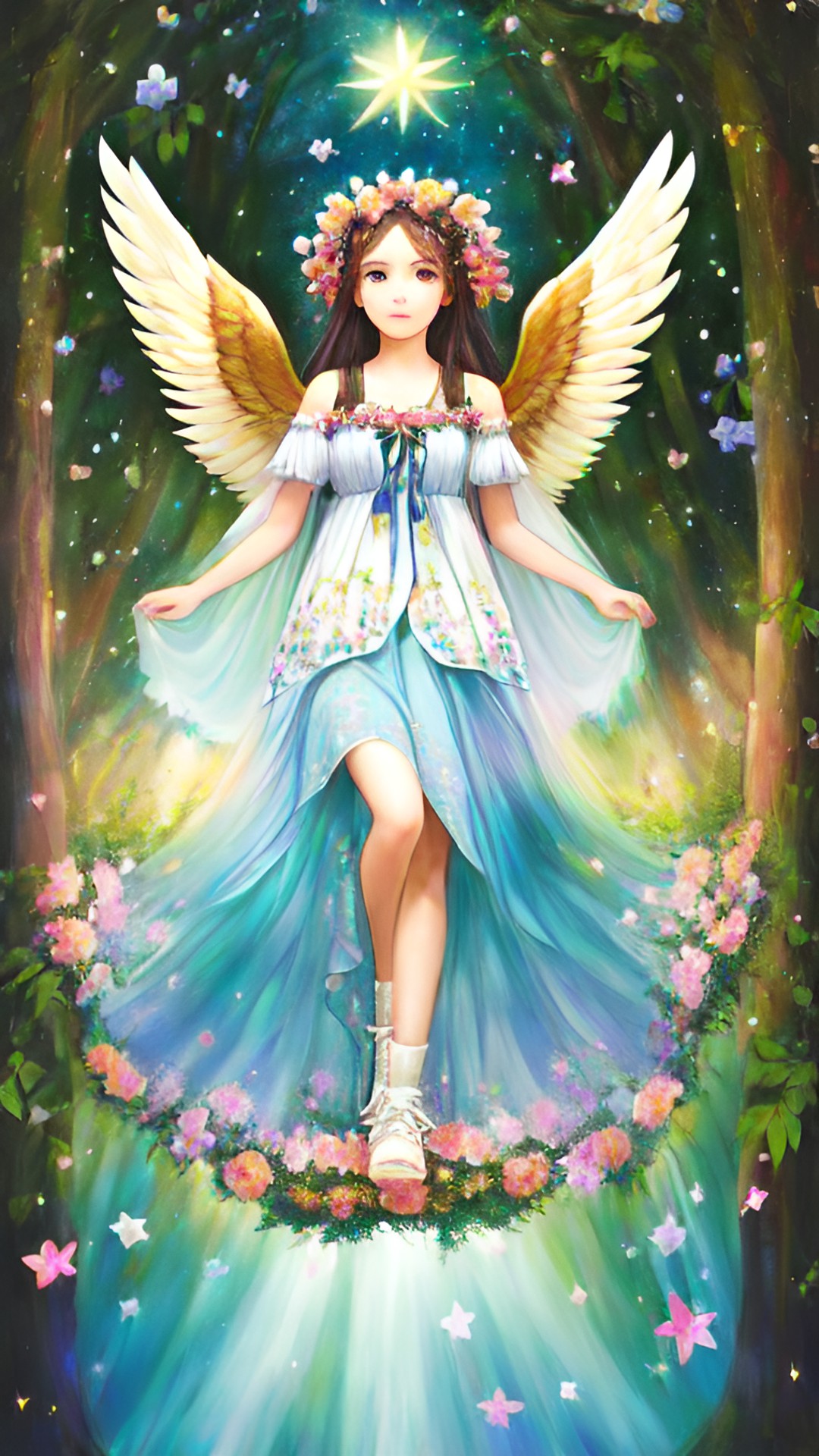 wild forest angel with flowers in her hair and stars beneath her feet preview