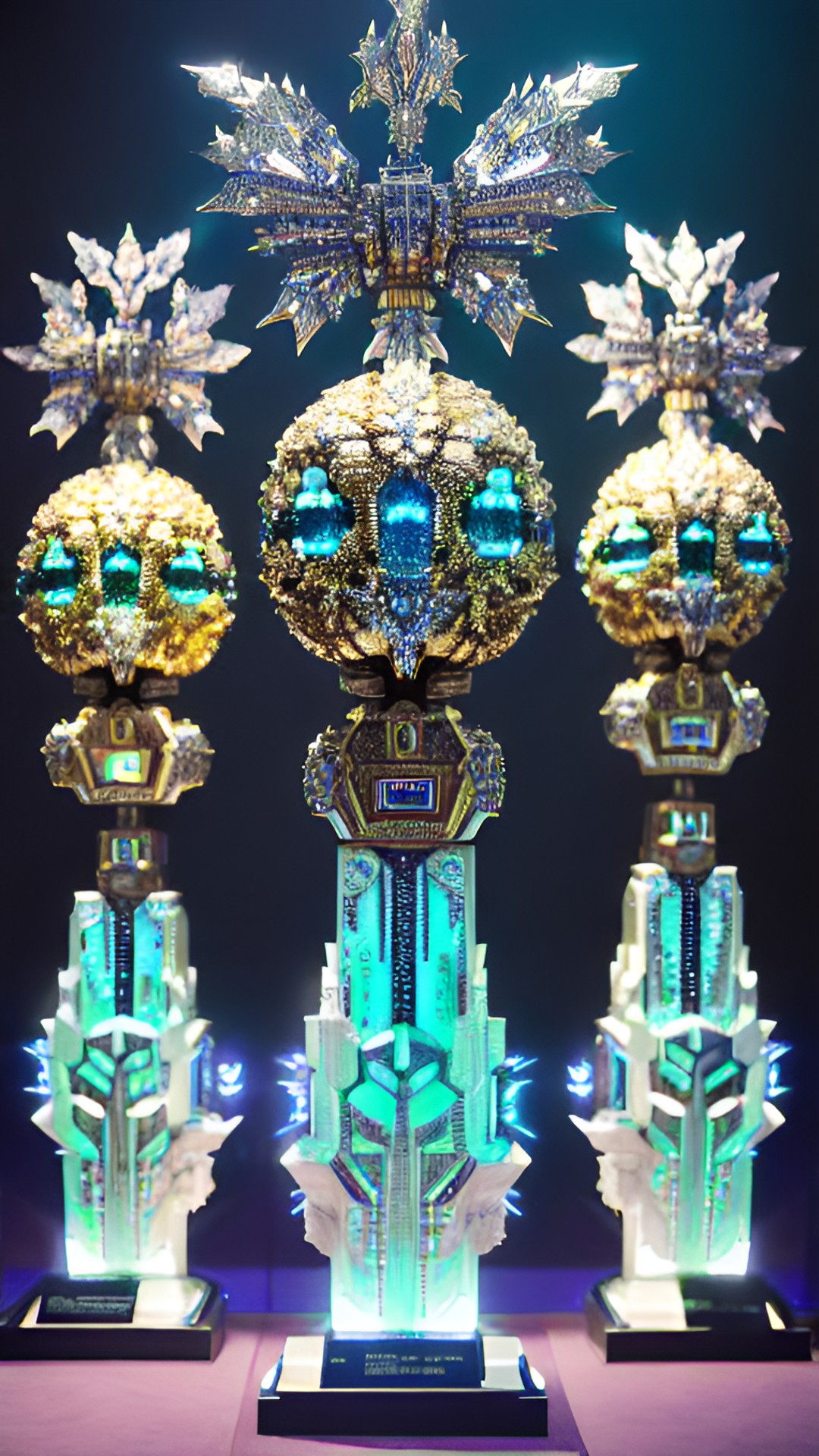 sparkling gem-encrusted alien idols on display in a museum of xenoanthropology preview