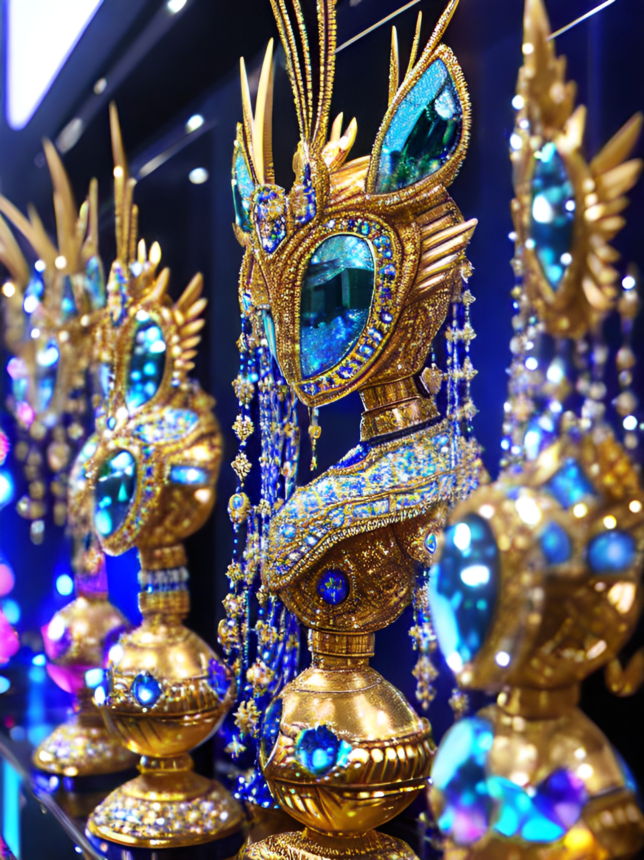 sparkling gem-encrusted alien idols on display in a museum of xenoanthropology preview