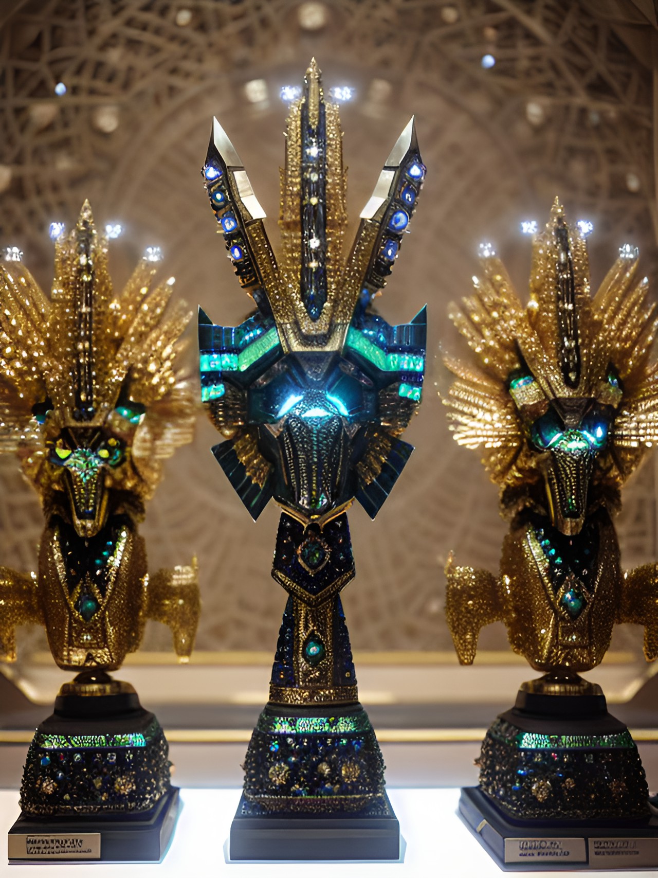 sparkling gem-encrusted alien idols on display in a museum of xenoanthropology preview