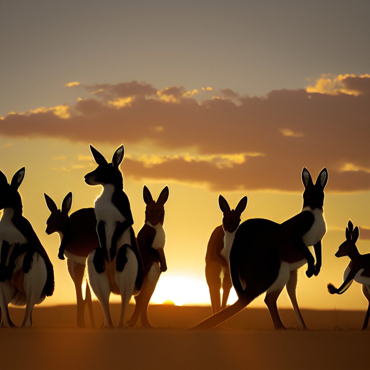 kangaroos, on a plain, the sun is setting. preview