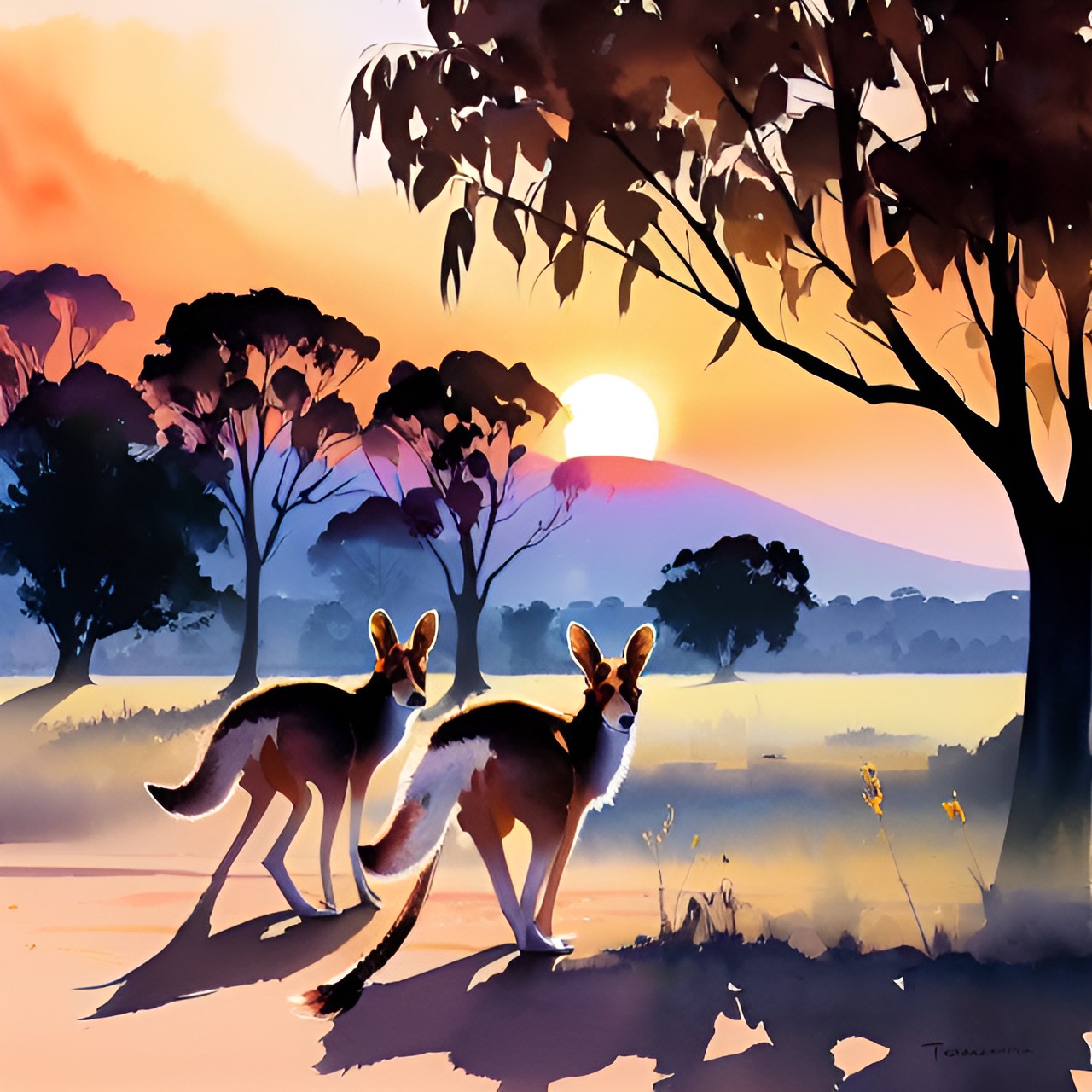 kangaroos, on a plain, the sun is setting. preview