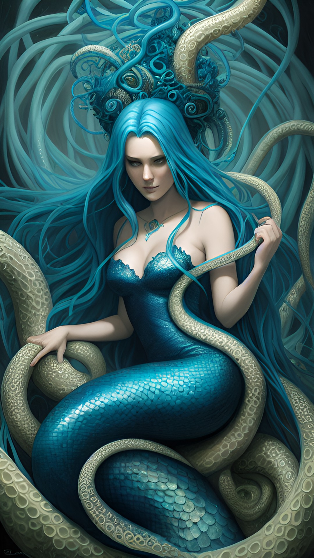 blue mermaid surrounded by tentacles preview