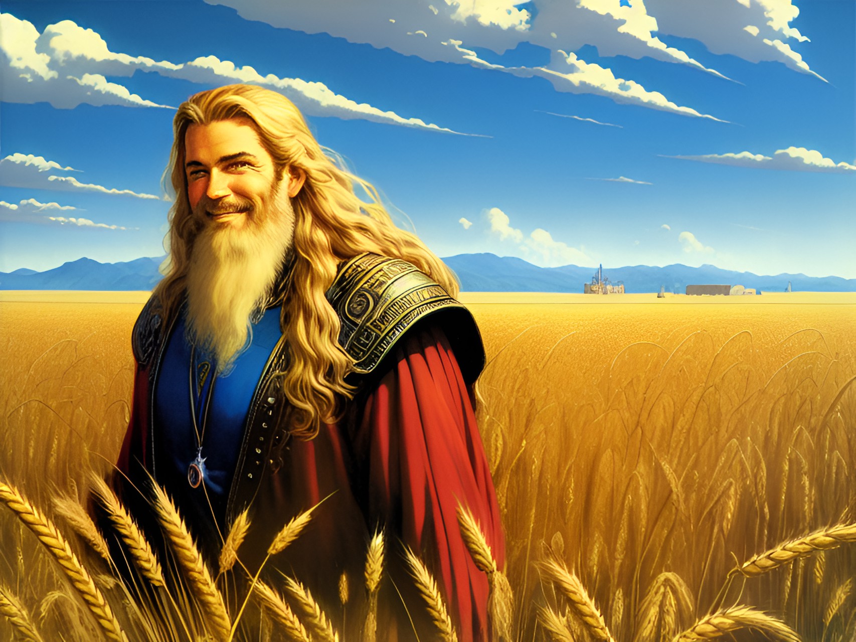 freyr, norse god of the harvest, long blonde hair and beard, happy smile, in wheat fields preview