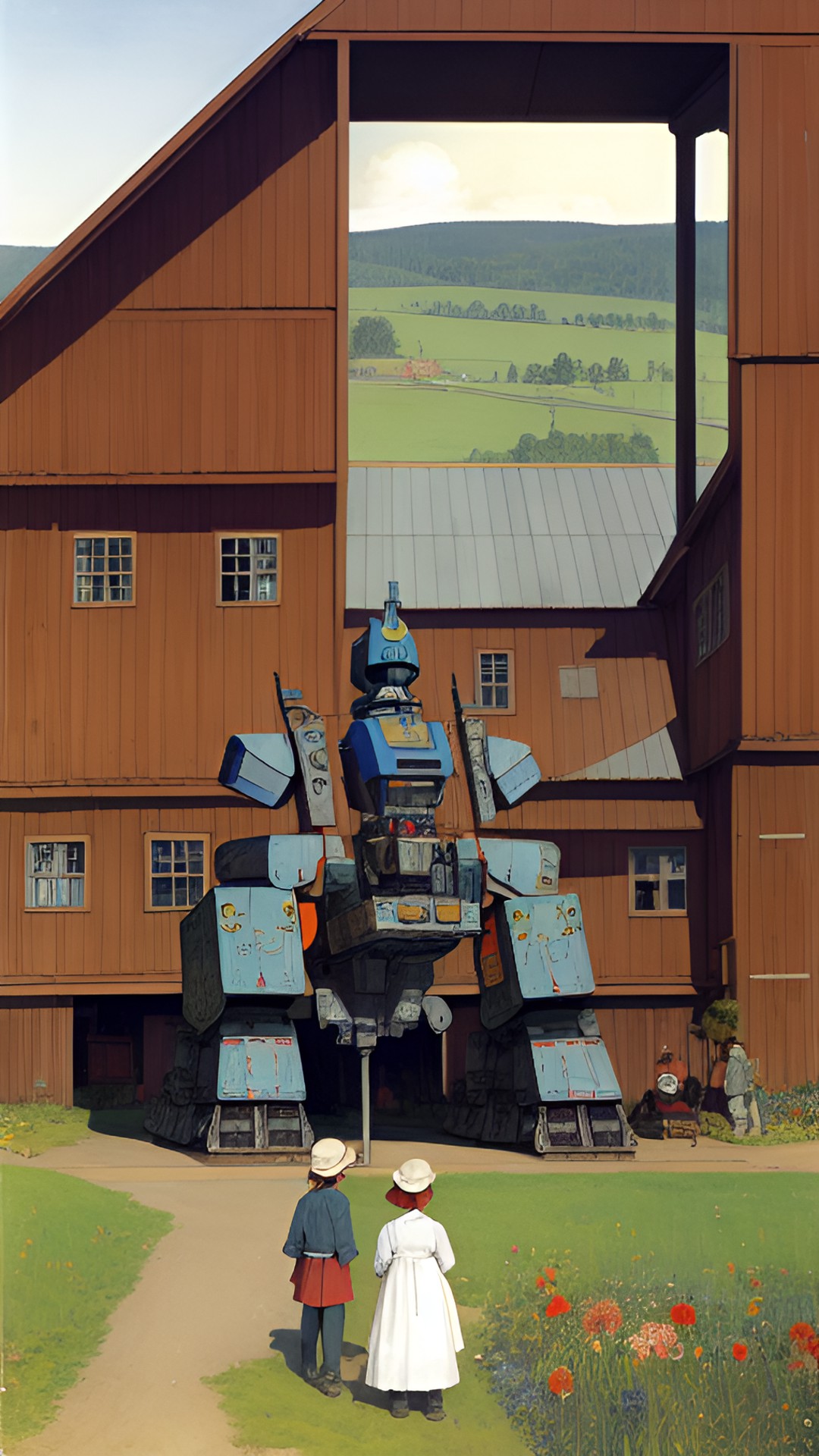 building a giant robot outside a country barn, carl larsson preview