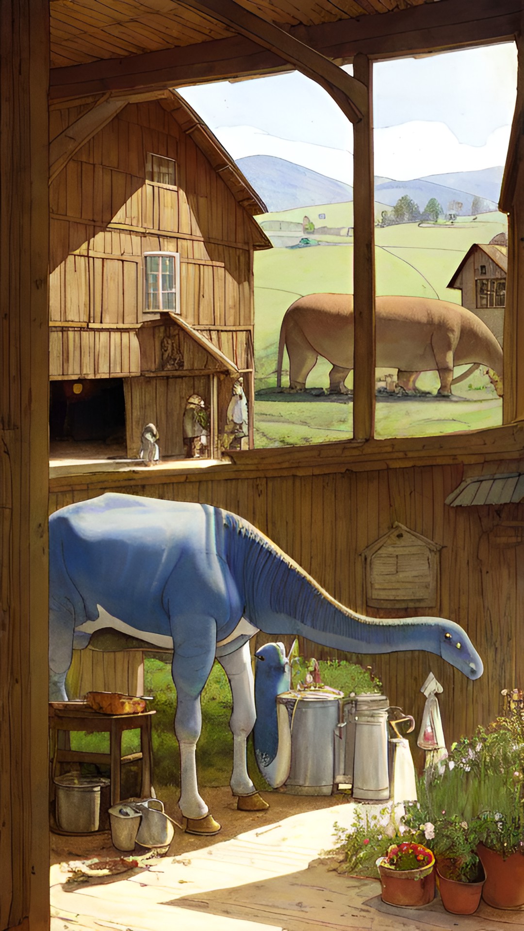 milking a brontosaurus inside a country barn, carl larsson preview