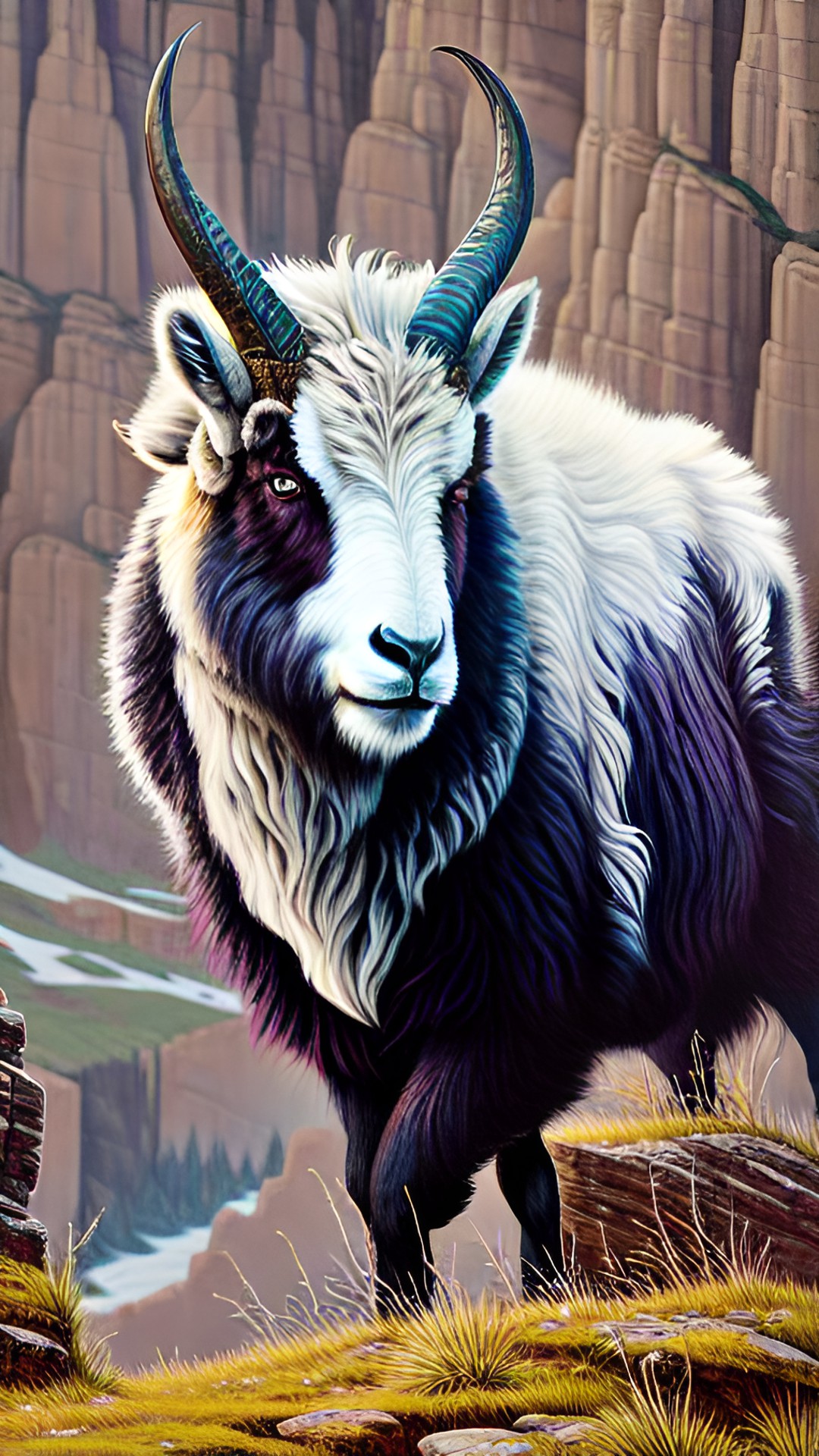 mountain goat on a cliff in the majestic rocky mountains - a majestic mountain goat, crowned with twisted horns, confidently balanced on a narrow ledge of a towering cliff in the breathtaking rocky mountains preview