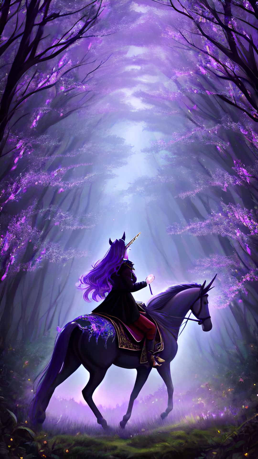 Forest - dark forest, woman, horse, herd of unicorns, bushes, rays through trees, twilight, purple, butterflies, sparks preview