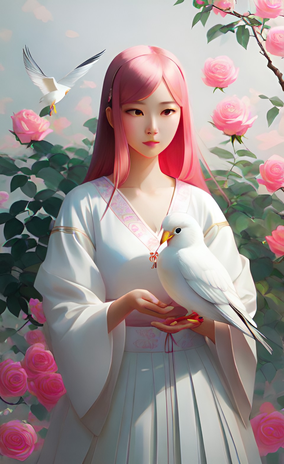 woman holding a white bird in her hands over pink roses, in the style of contemporary chinese art, dreamlike illustration, yanjun cheng, golden light, exotic birds, indonesian art, graceful lines —ar 8:6 —v 5.2 preview