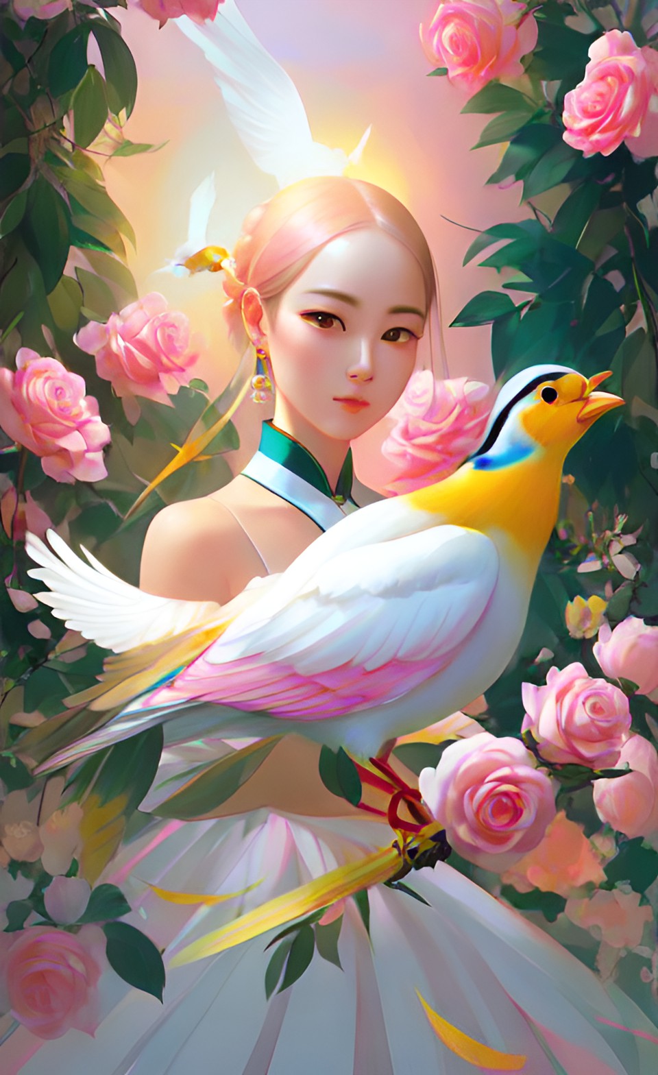 woman holding a white bird in her hands over pink roses, in the style of contemporary chinese art, dreamlike illustration, yanjun cheng, golden light, exotic birds, indonesian art, graceful lines —ar 8:6 —v 5.2 preview