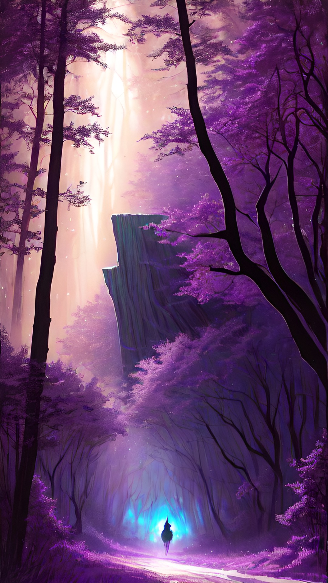 dark forest, woman, horse, herd of unicorns, bushes, rays through trees, twilight, purple, butterflies, sparks preview