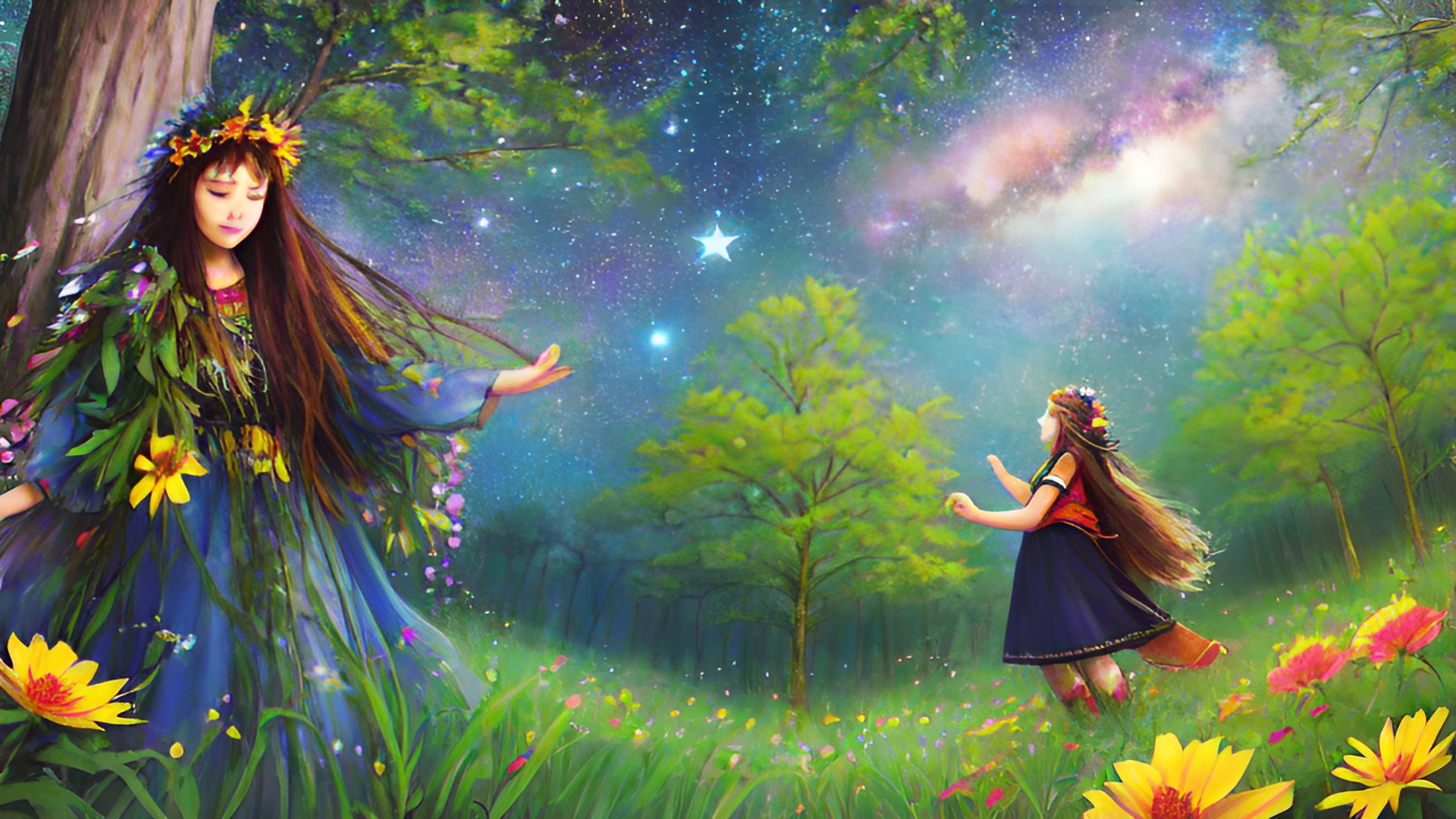 wild forest woman with flowers in her hair and stars beneath her feet preview