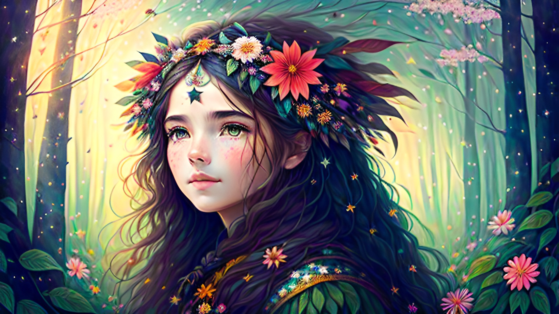 wild forest woman with flowers in her hair and stars beneath her feet preview