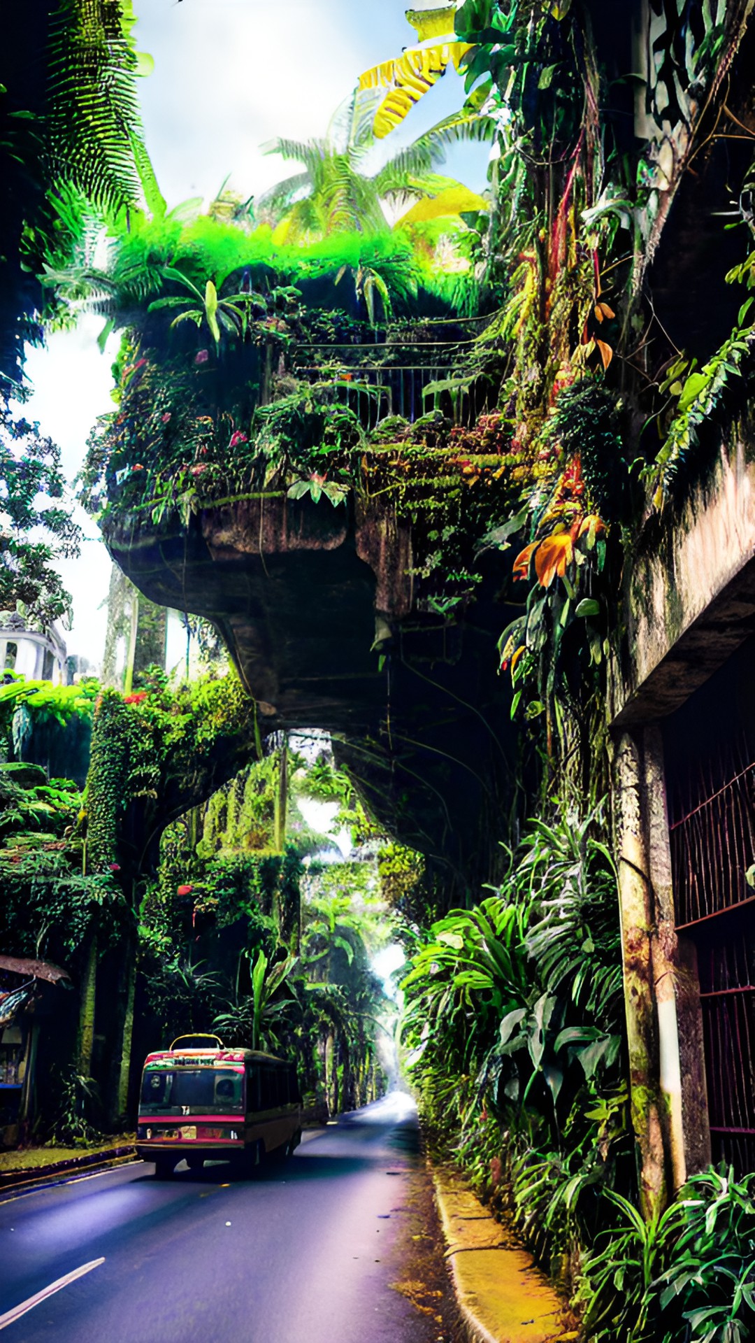 a jungle city, with vines and roots serving as roads and buildings made of leaves, colorful, detailed, natural, tropical preview