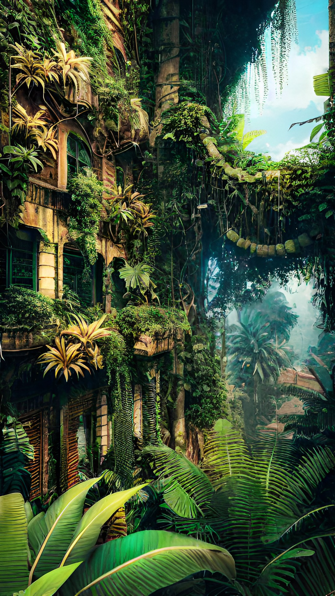 a jungle city, with vines and roots serving as roads and buildings made of leaves, colorful, detailed, natural, tropical preview