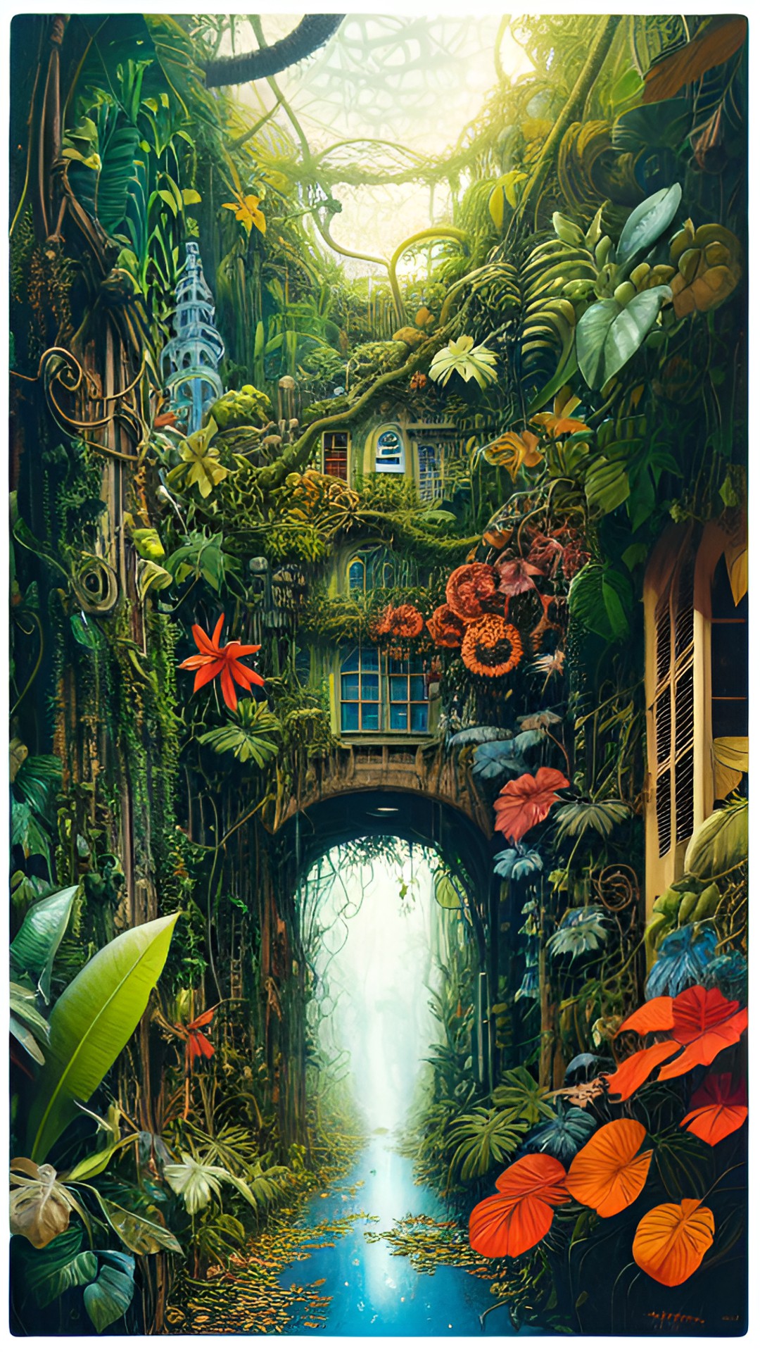 a jungle city, with vines and roots serving as roads and buildings made of leaves, colorful, detailed, natural, tropical preview