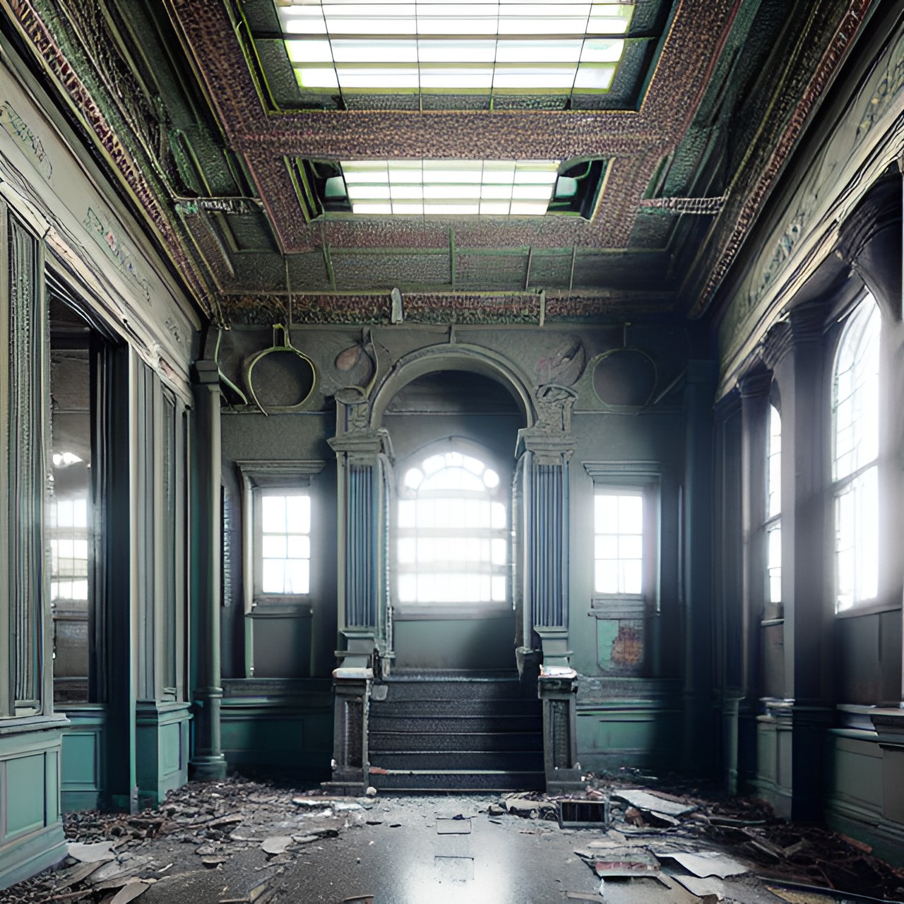 abandoned school, liminal spaces, cinematic lighting, entropy and decay preview