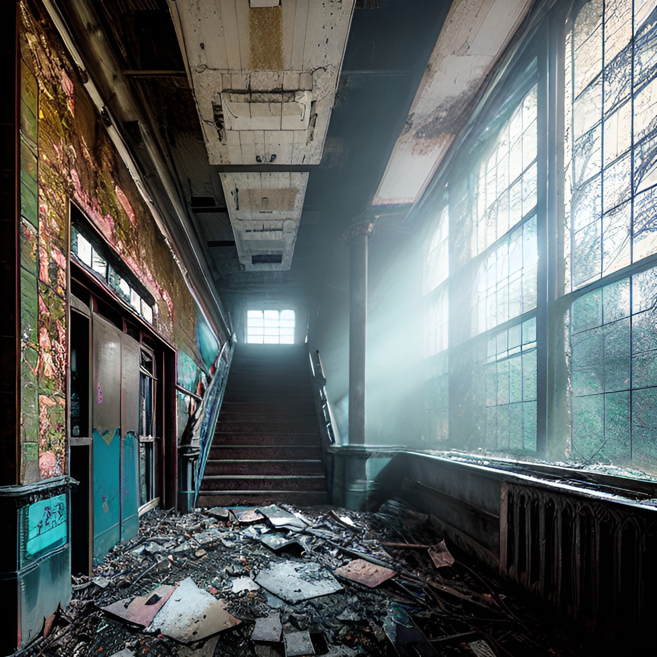 abandoned school, liminal spaces, cinematic lighting, entropy and decay preview