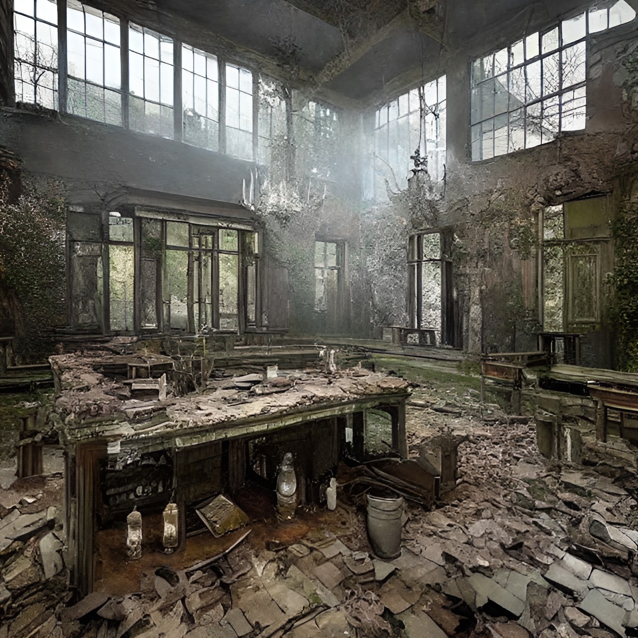 abandoned school, liminal spaces, cinematic lighting, entropy and decay preview