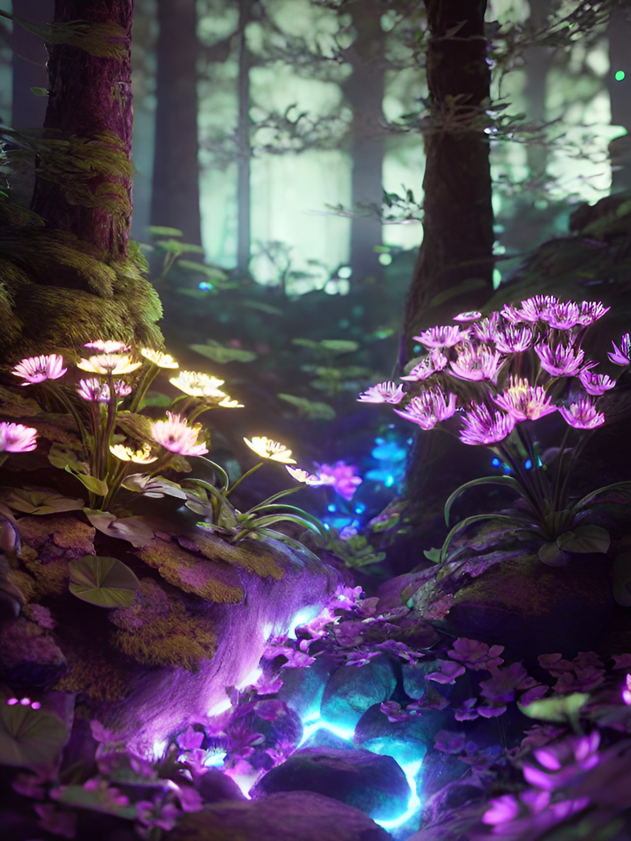 Pandora - bioluminescence flowers in magical forest at dawn preview