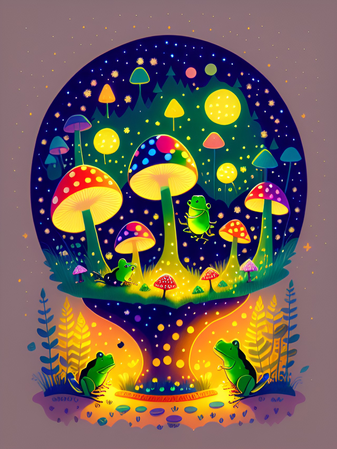 a cute playful scene of whimsical frogs leaping from colorful mushroom to colorful mushroom, with twinkling fireflies illuminating the night sky preview