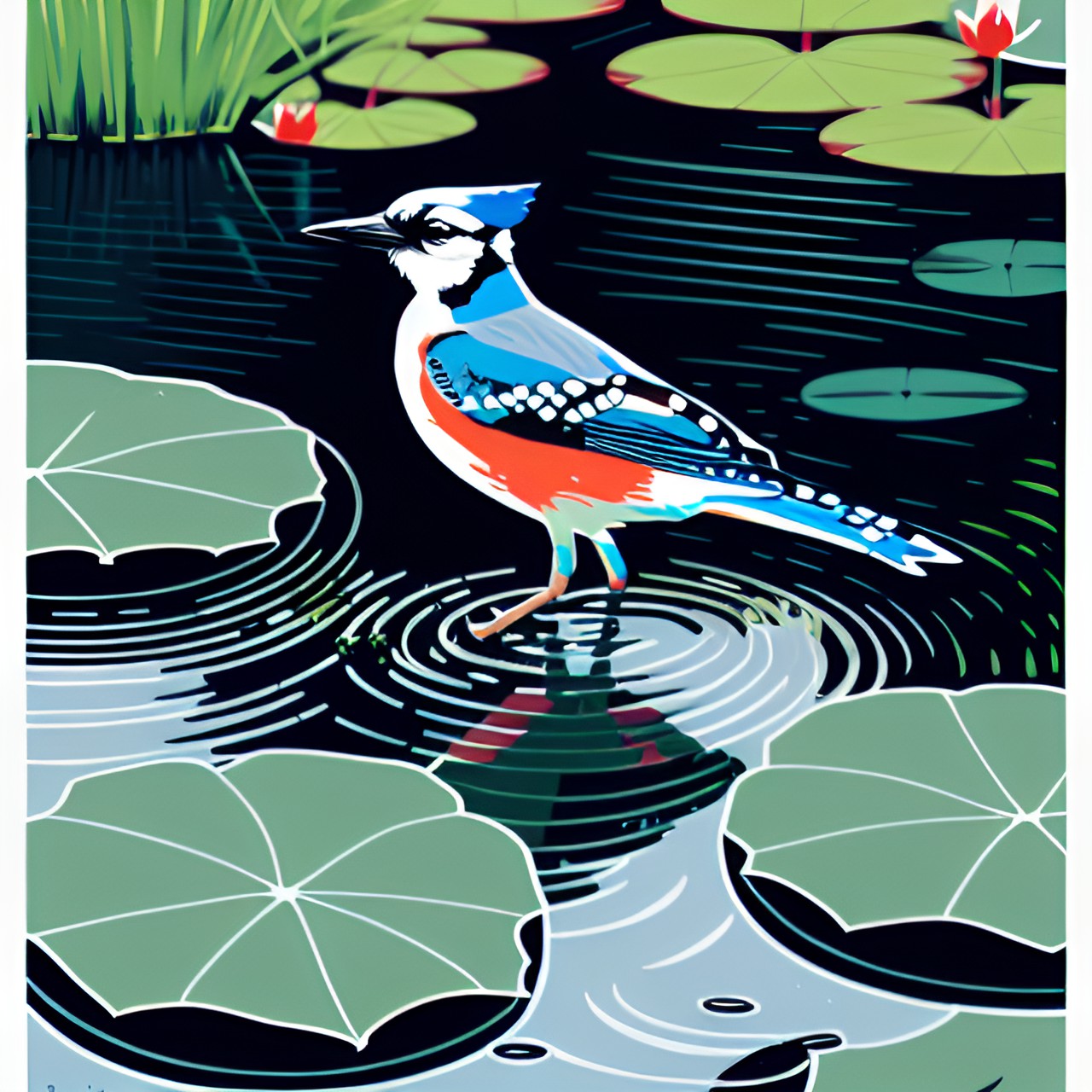 bluejay standing in a pond with lilypads preview