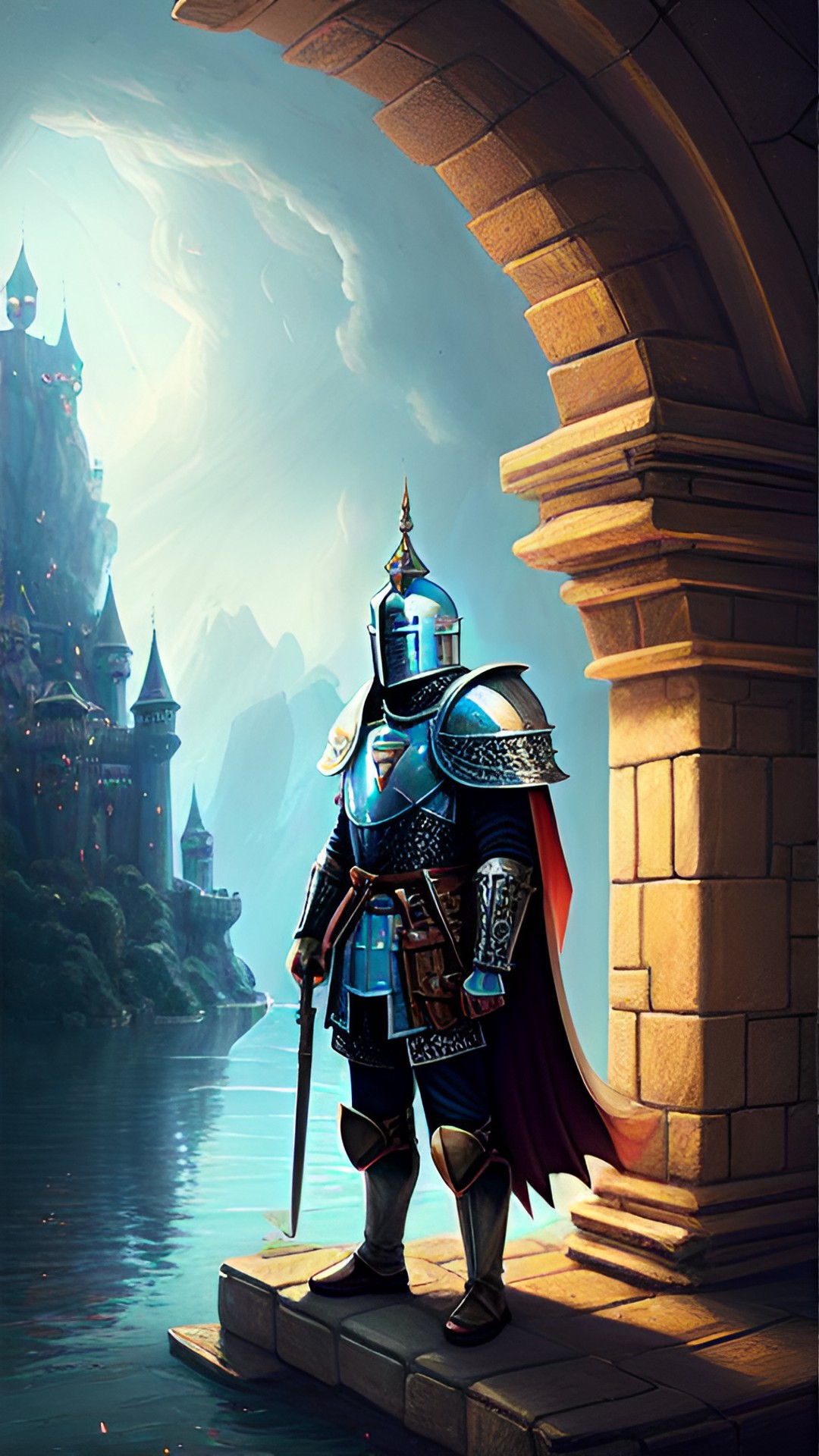 picture of a knight guarding a glorious floating castle and the night is by the doorway, preview