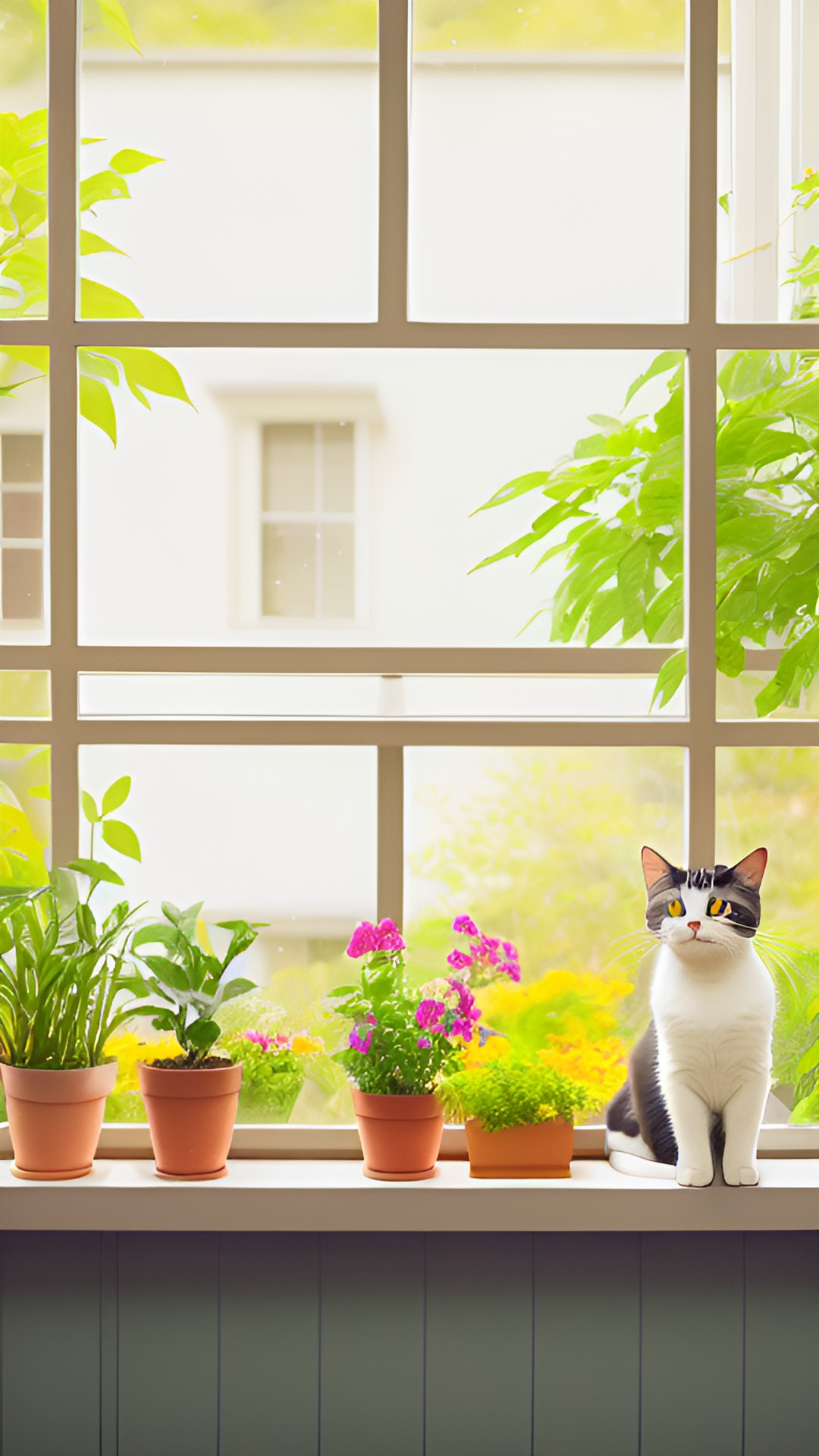 happy cat in windowsill, plants, flowers, open window, view preview