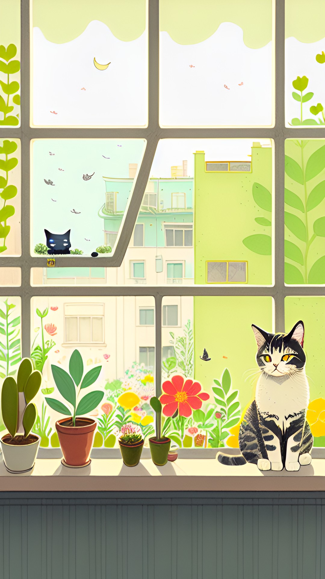 happy cat in windowsill, plants, flowers, open window, view preview