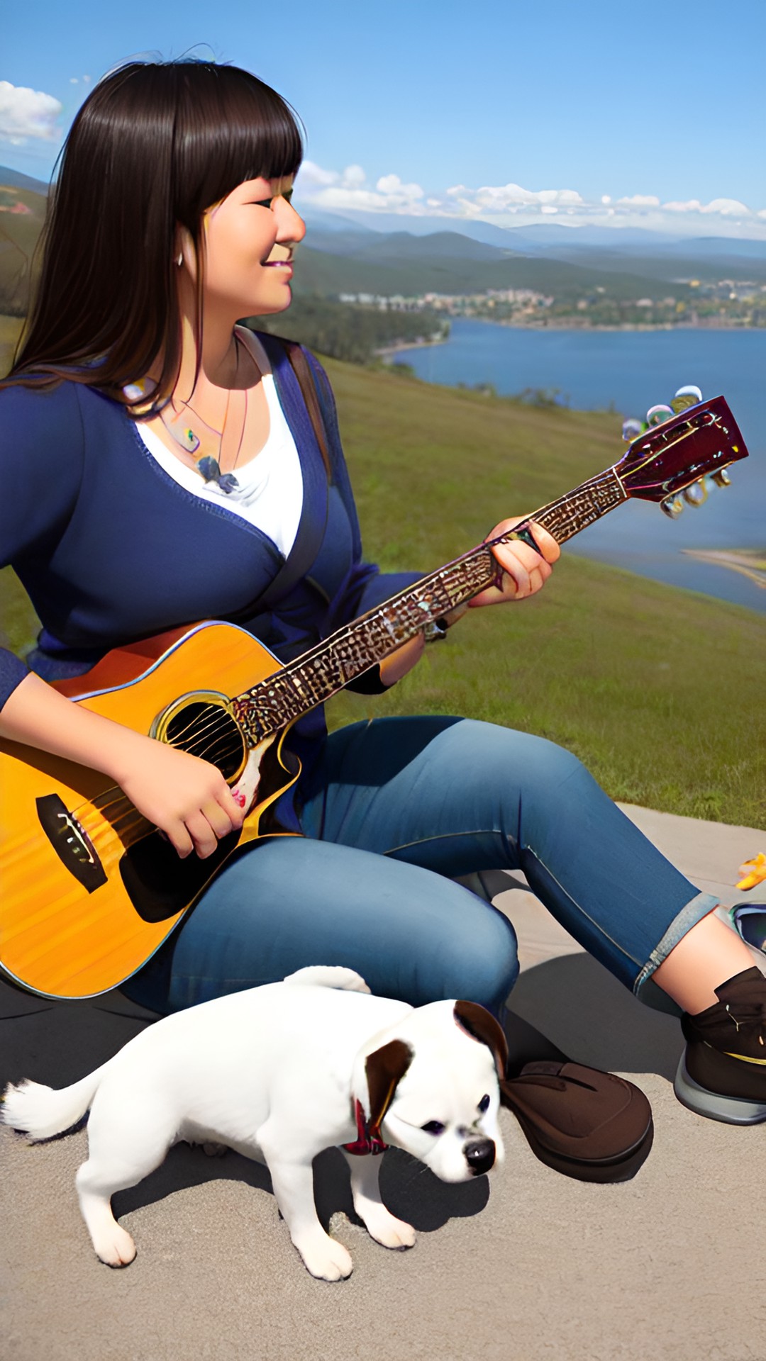 a woman sits next to a dog and holds a guitar preview