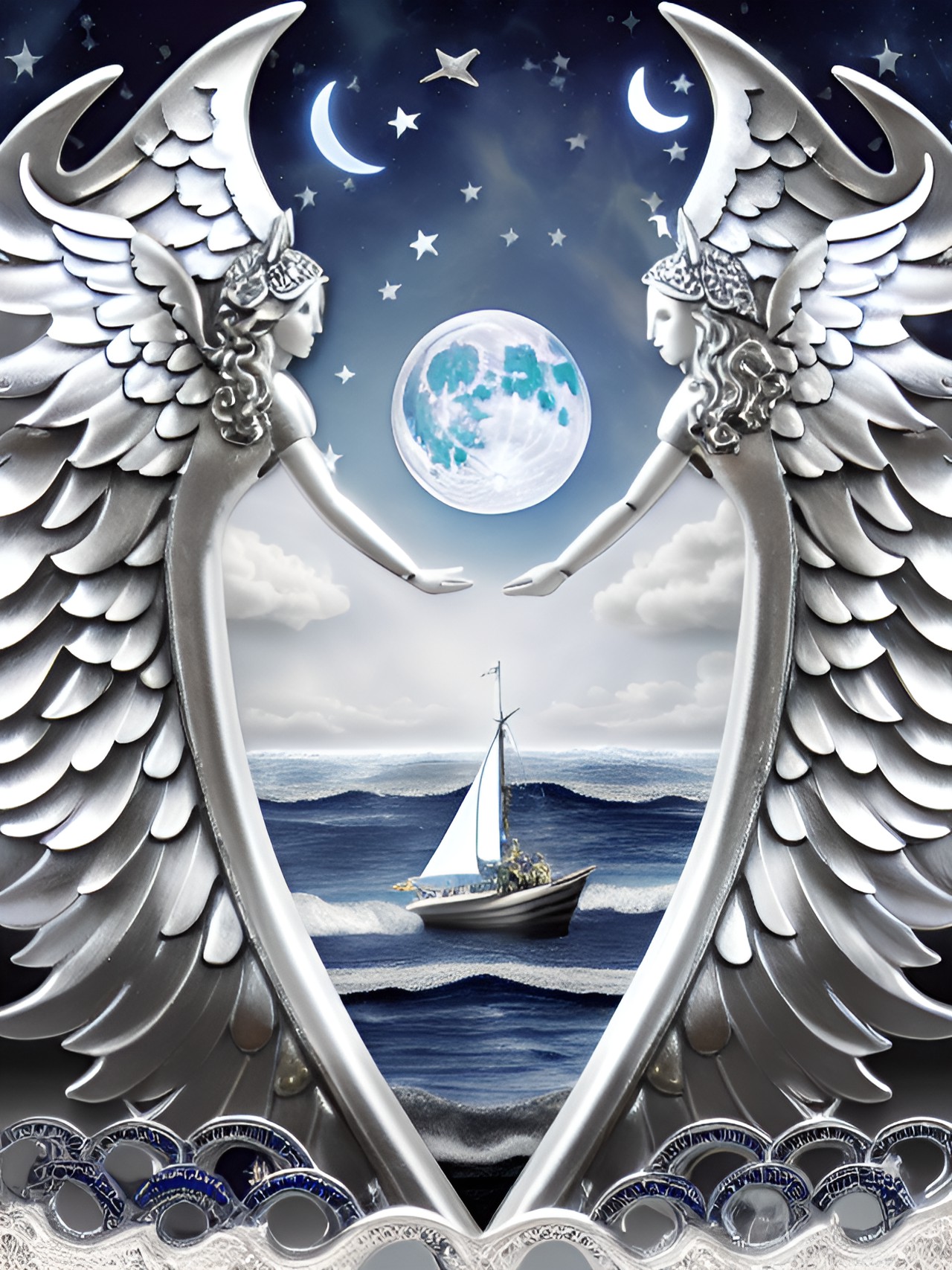 moon and sky and sea and moon and angels warriors in pure silver preview