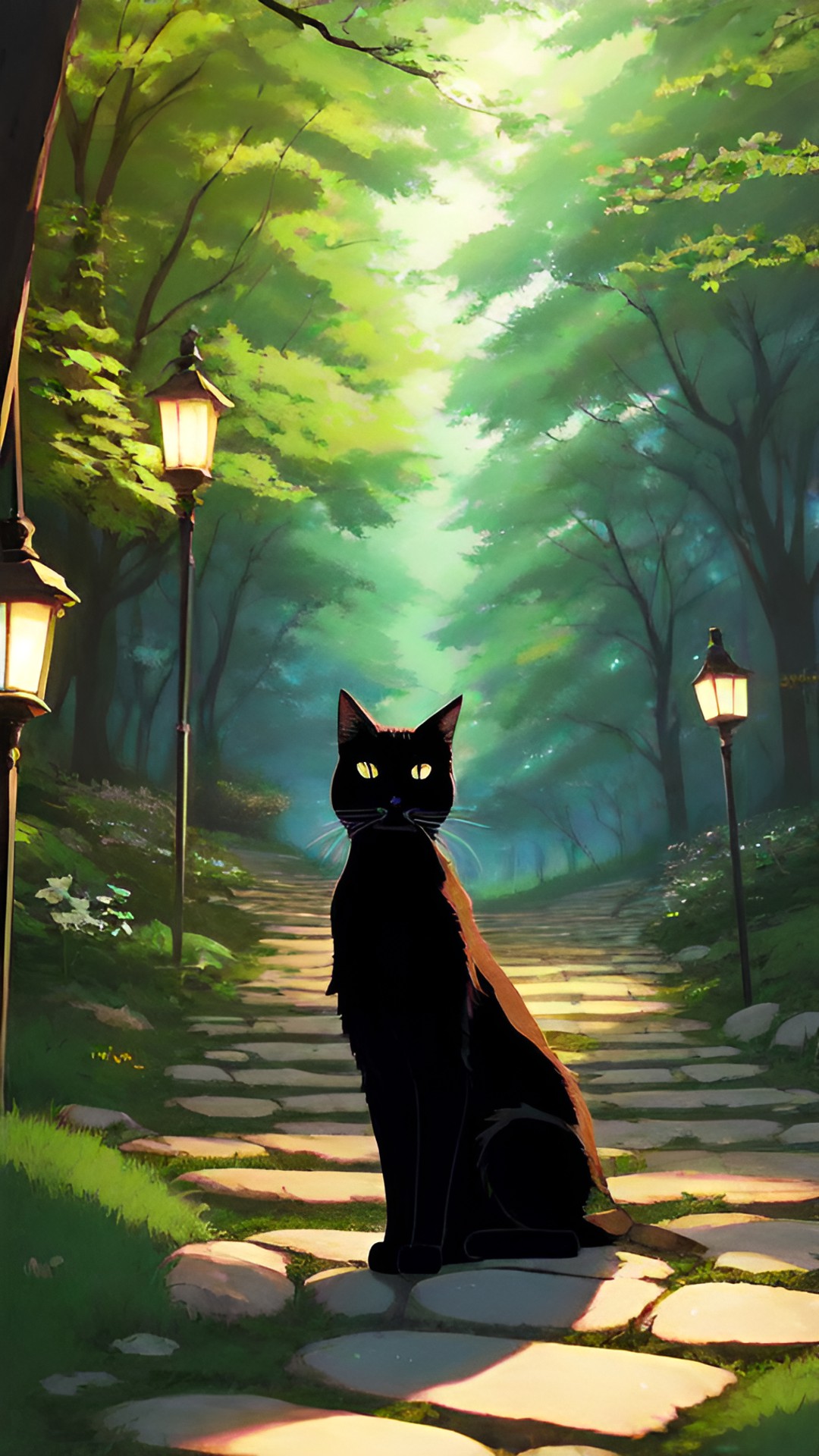 Black cat 🐈‍⬛ - a black cat 🐈‍⬛ standing in the middle of a stone path in the woods lit by lanterns. the cat has vivid sharp green eyes. preview