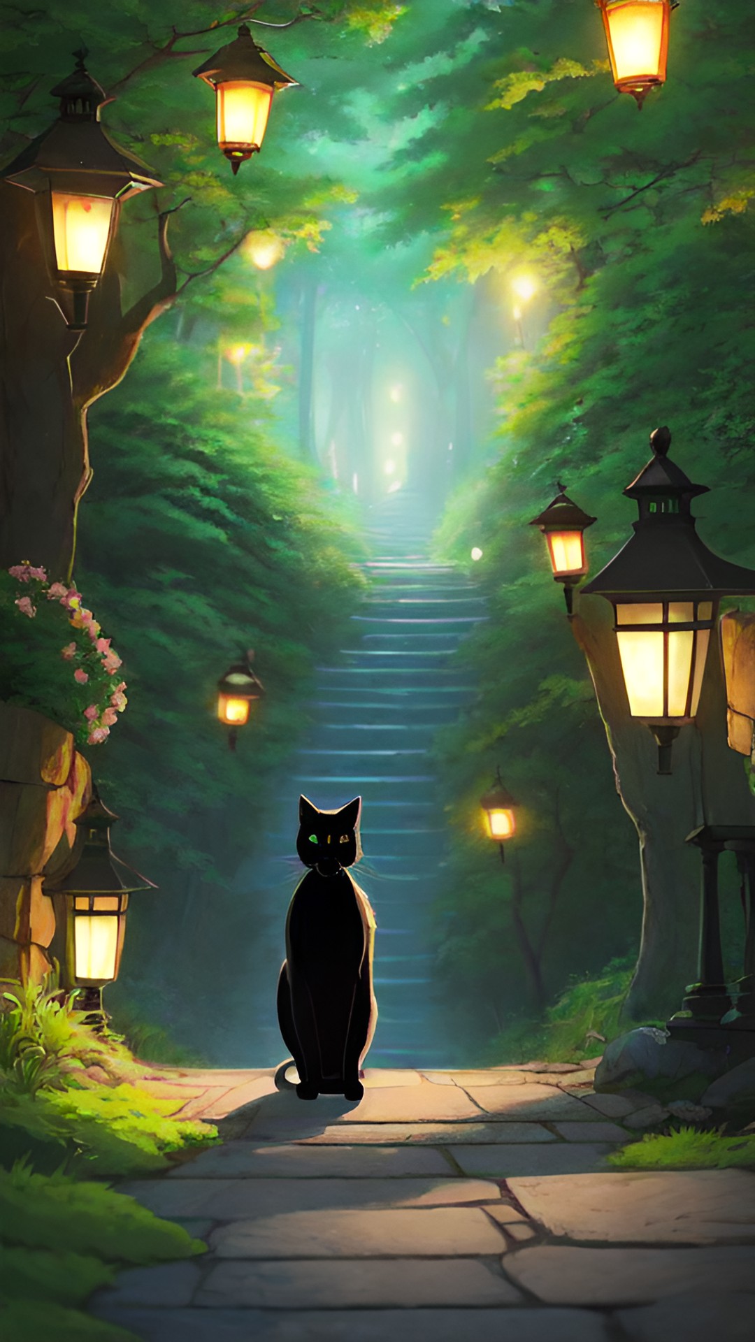 Path of lanterns - a black cat 🐈‍⬛ standing in the middle of a stone path in the woods lit by lanterns. the cat has vivid sharp green eyes. preview