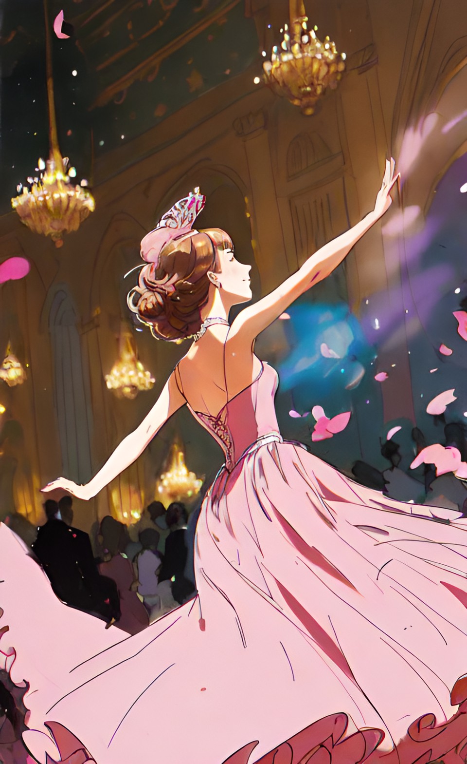 Gorgeous, Ballroom, Dream - a closeup of a gorgeous woman gracefully dancing in a magnificent ballroom, her flowing gown billowing around her. the scene is dreamlike, soft pink lighting, grandeur and elegance preview