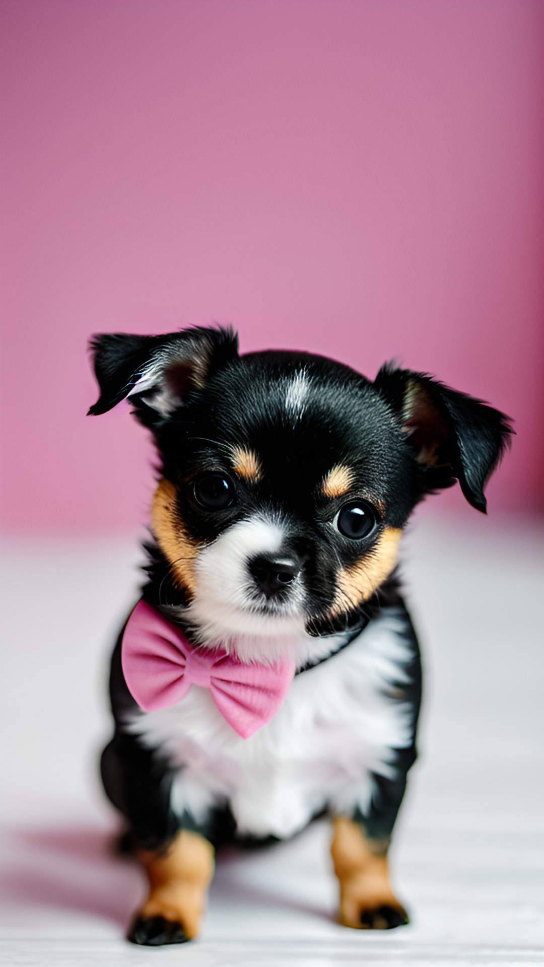 tiny little dog - a tiny little dog with fluffy, snow-white fur, wearing a dainty pink bow on its cute little head and delicately holding a heart-shaped toy in its tiny mouth." preview