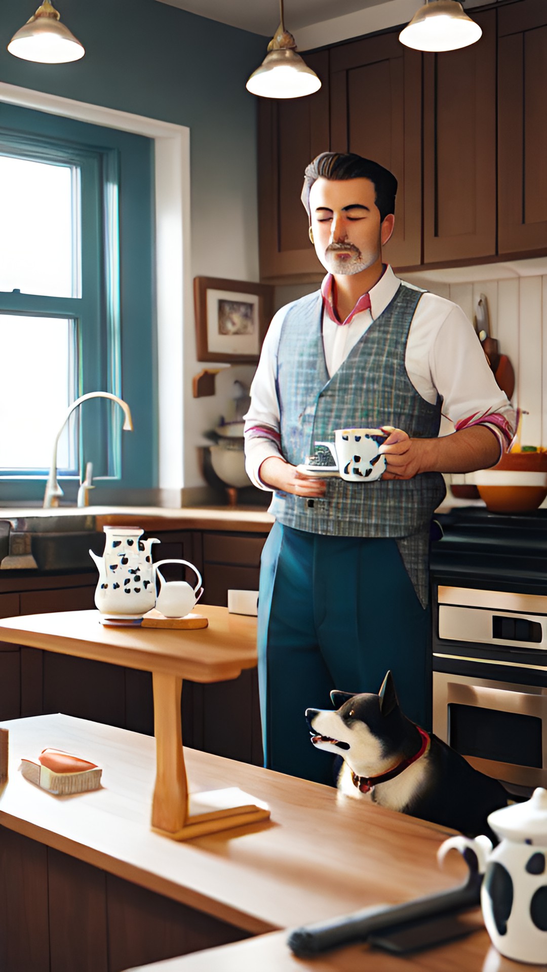 a man drinks tea from a cup with a dog pattern in the kitchen preview