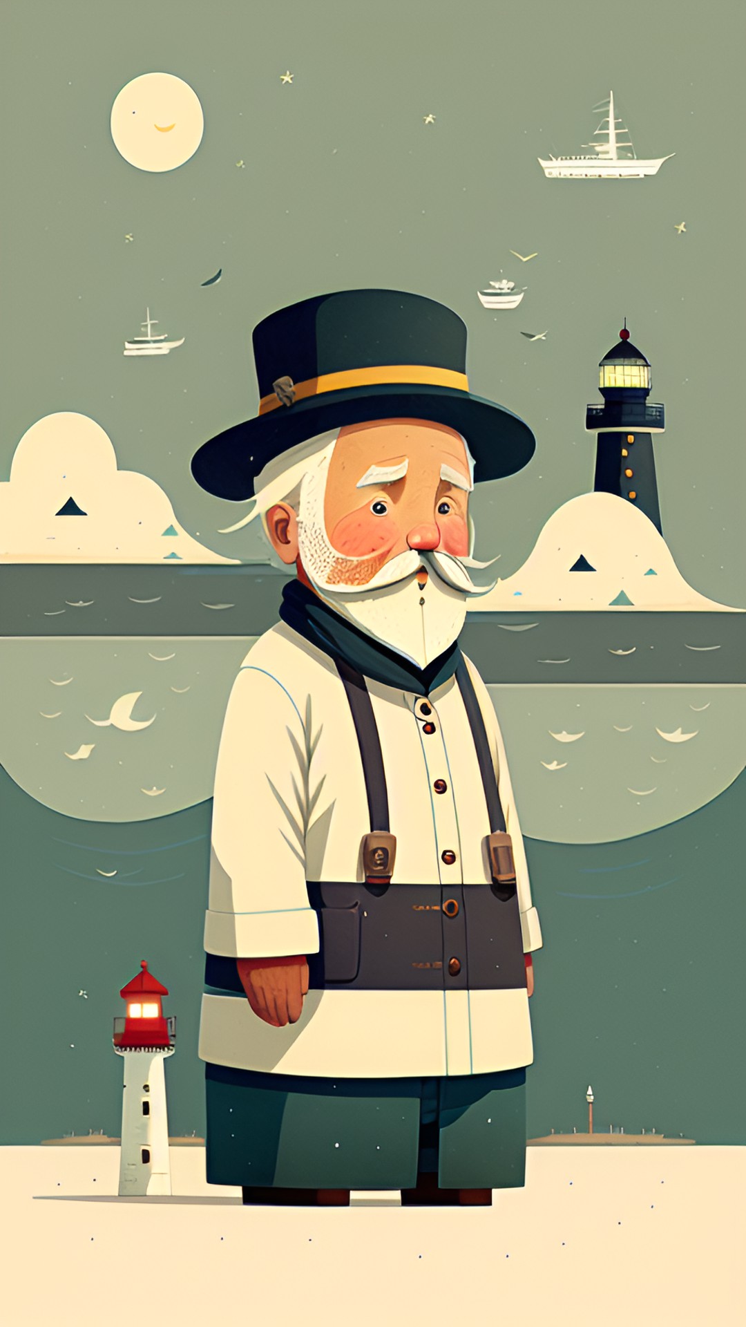 lighthouse keeper. old man with a white beard, wearing a captains hat preview