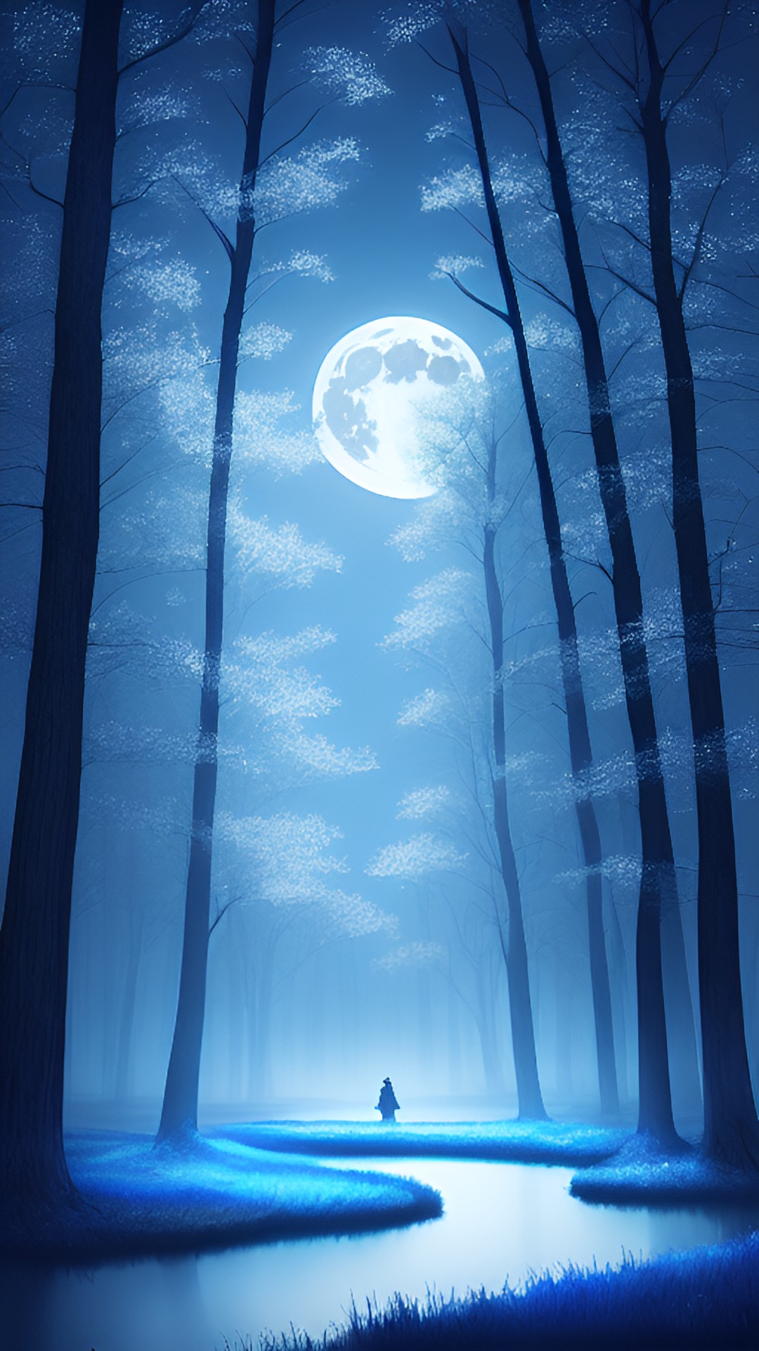 blue moon  - a mesmerizing blue moon illuminating a serene midnight landscape, casting whimsical shadows across a mystical forest filled with ancient trees." preview