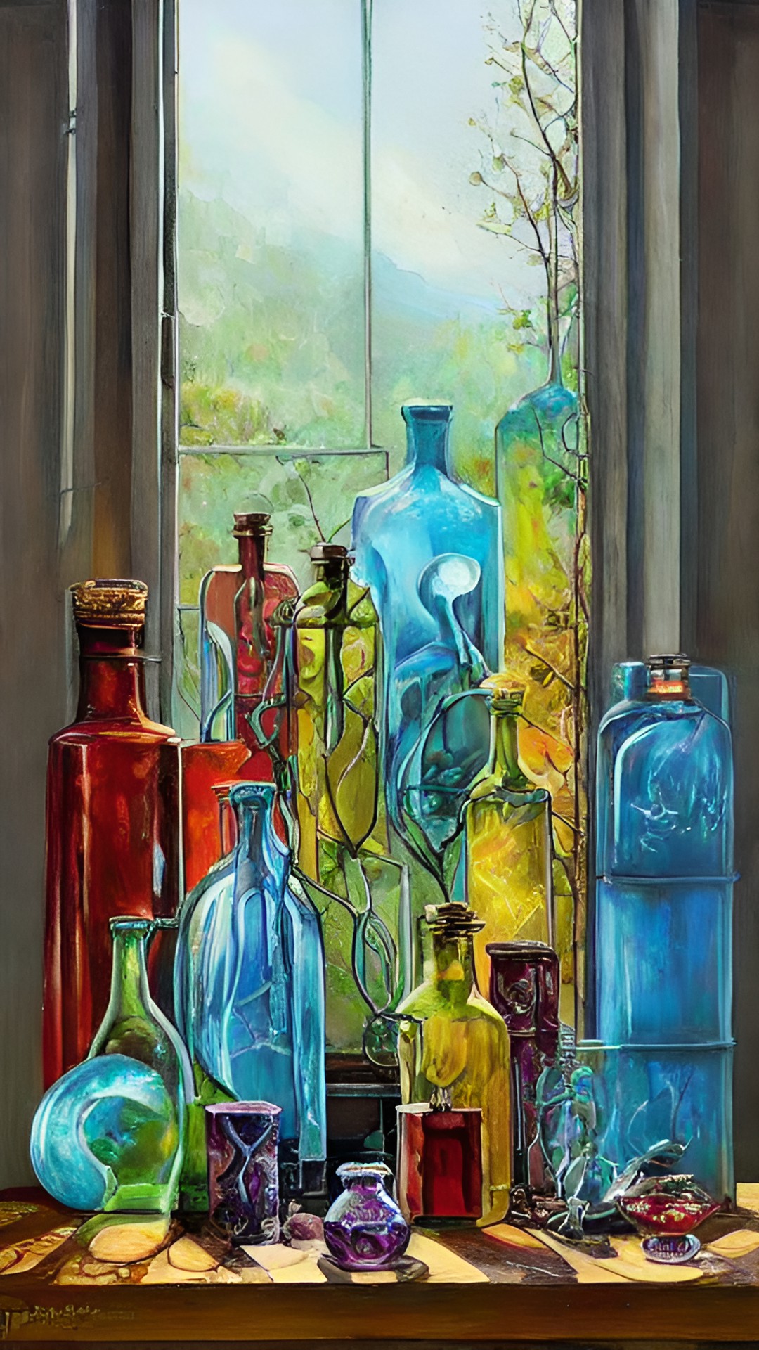 whimsical collection of jars and bottles of different sizes, shapes, and colors lined up on a window sill preview