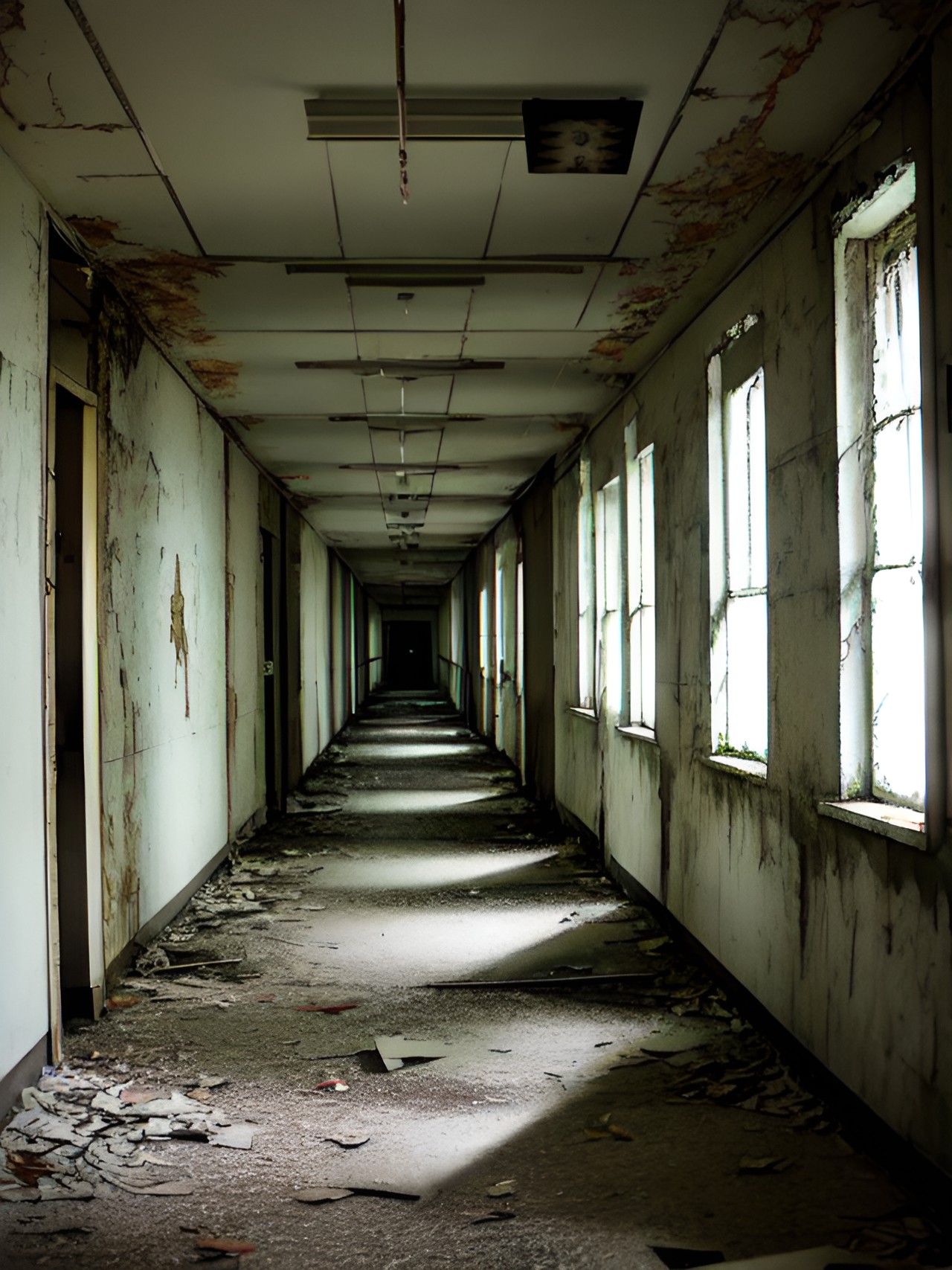 creepy hallway in an abandoned hospital. slightly haunted. preview