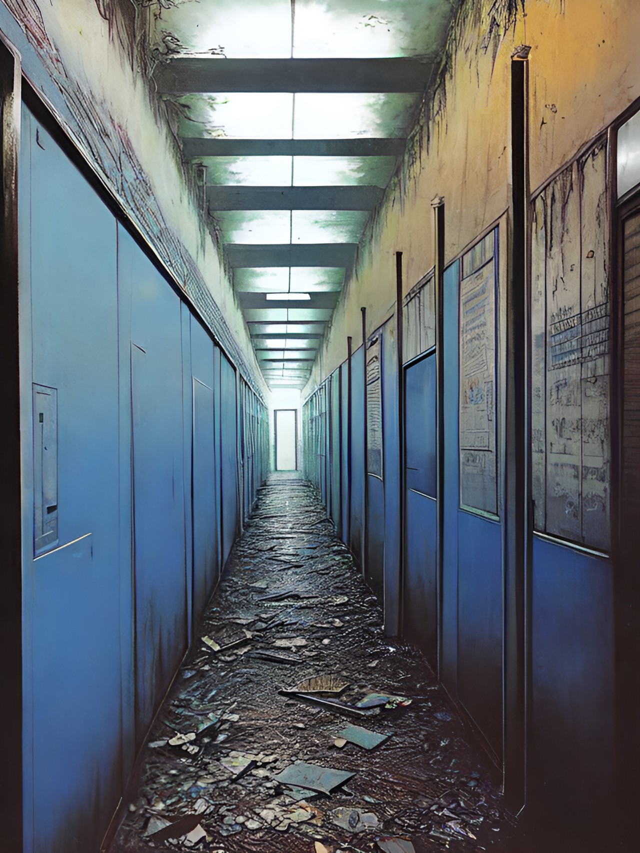 creepy hallway in an abandoned hospital. slightly haunted.blue tint preview