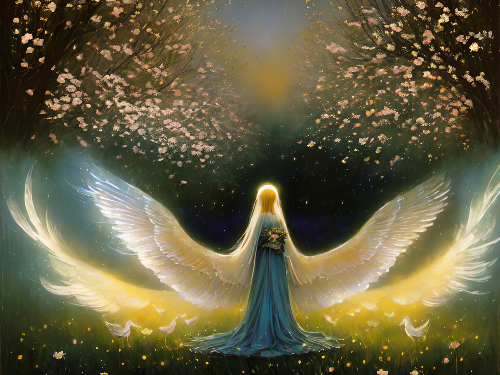 gentle beings - a serene and enchanting group of ethereal beings with luminous wings, emanating a soft glow as they gracefully hover above a blooming field of radiant flowers." preview
