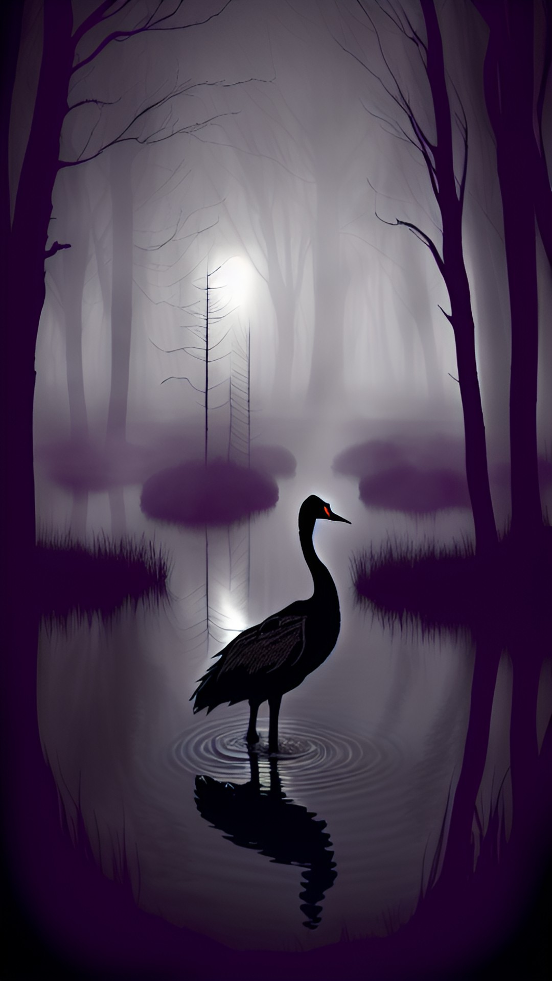 presence over an eerie pond - a dark, misty forest surrounds an eerie pond, where a majestic black swan glides gracefully through the still, reflective waters, its elegant silhouette casting a haunting shadow preview