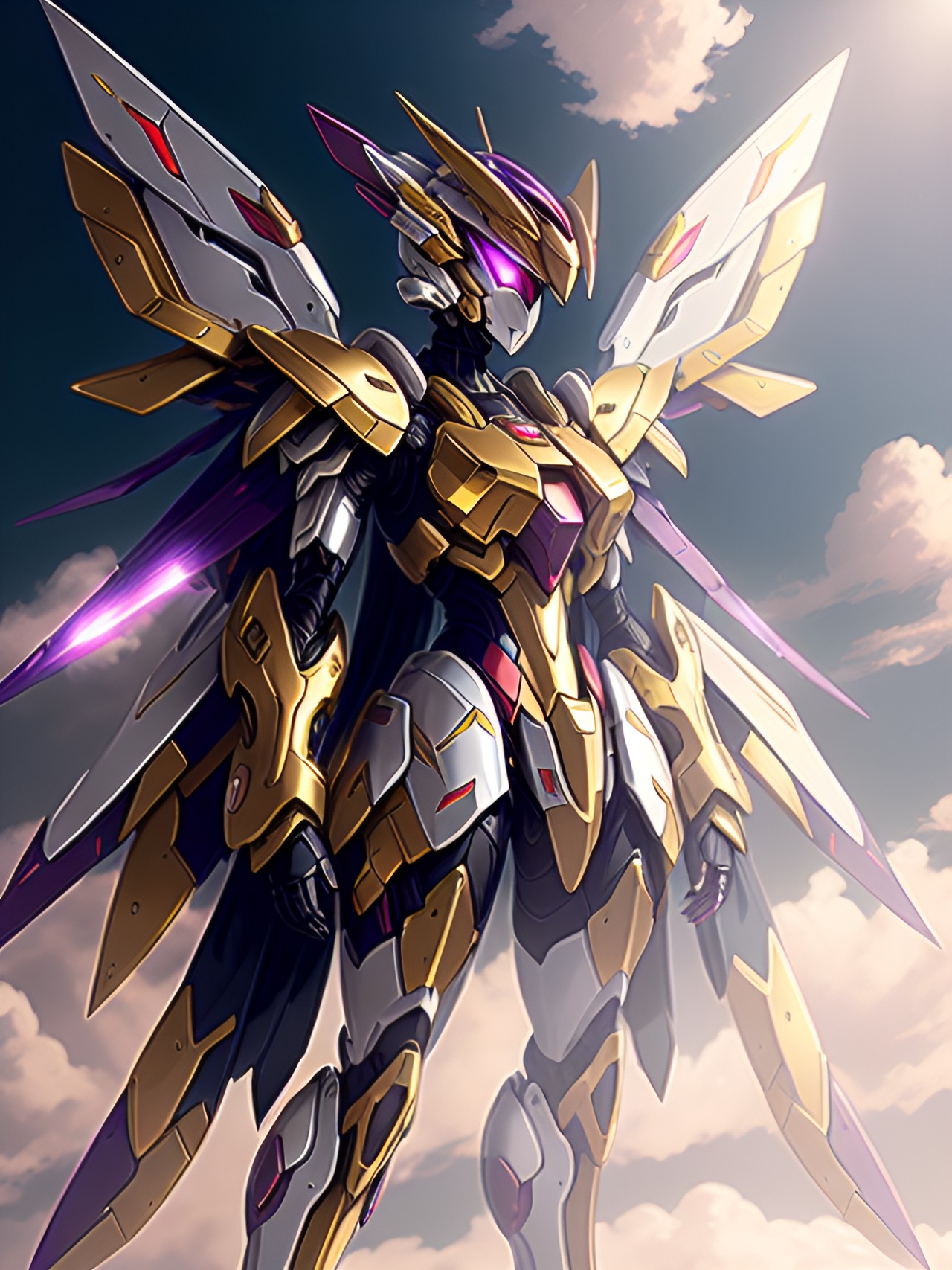 a sleek advanced winged gundam gundam with a feminine form - a sleek and powerful advanced winged gundam, standing tall with its polished silver armor glistening in the sunlight. its elegant and femin preview