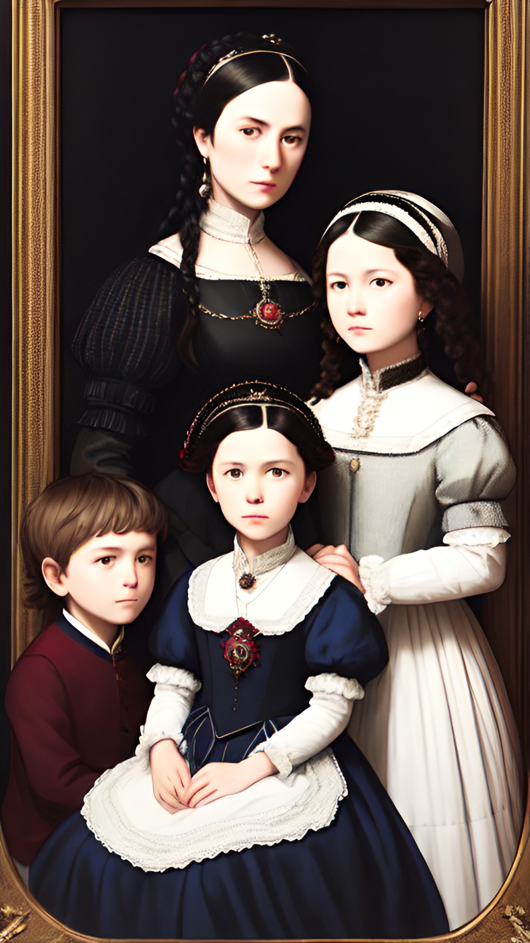 portrait of a tired noblewomanand her children with dark interior background scene, black, tones of red wine and midnight blue with contrasting bright highlights preview